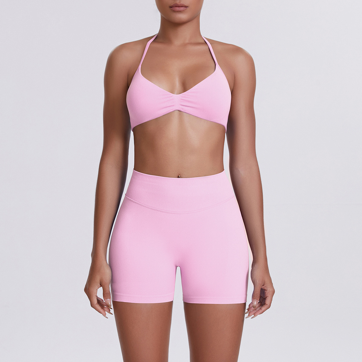 Women Halter Neck Yoga 2-Piece Outfit, Gathered Front Sports Bra 32 Colors, High Waist Peach Butt Biker Shorts 32 Colors, YFYS6702+YFYS6688