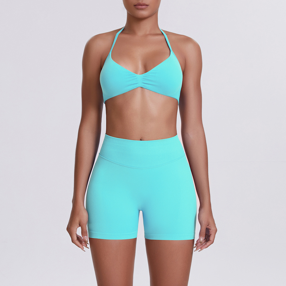 Women Halter Neck Yoga 2-Piece Outfit, Gathered Front Sports Bra 32 Colors, High Waist Peach Butt Biker Shorts 32 Colors, YFYS6702+YFYS6688