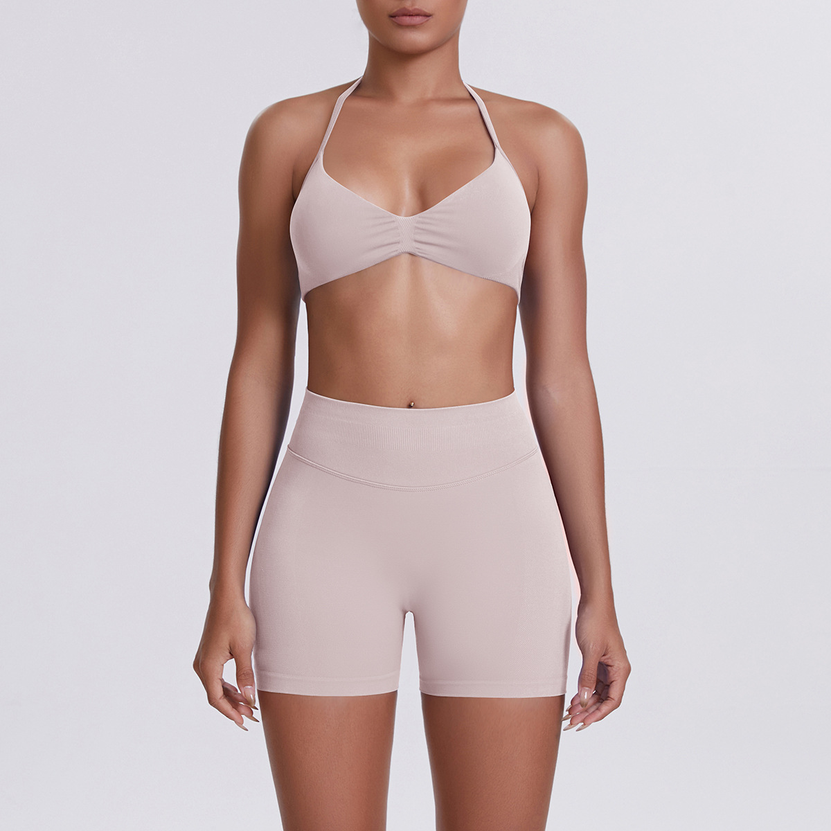 Women Halter Neck Yoga 2-Piece Outfit, Gathered Front Sports Bra 32 Colors, High Waist Peach Butt Biker Shorts 32 Colors, YFYS6702+YFYS6688
