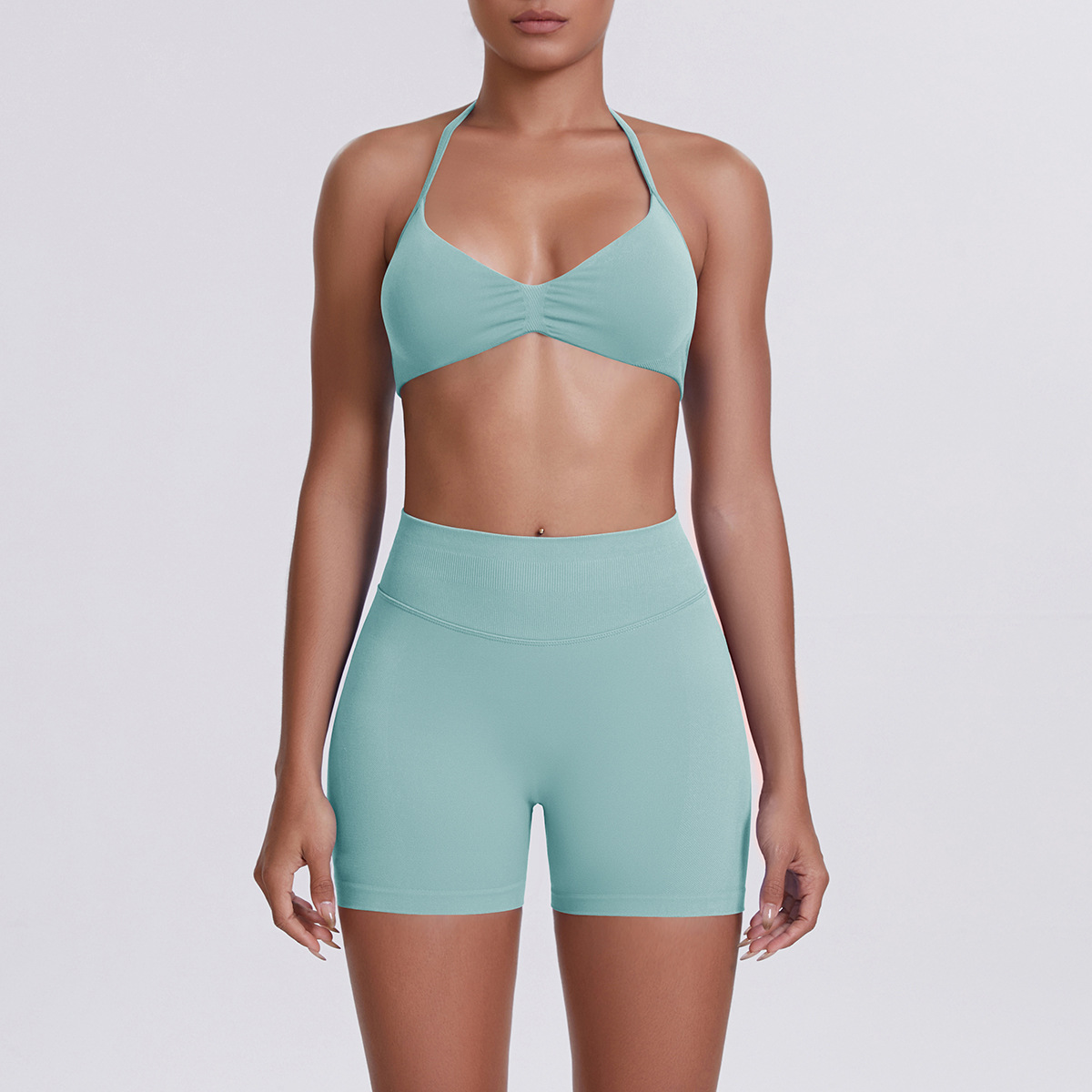 Women Halter Neck Yoga 2-Piece Outfit, Gathered Front Sports Bra 32 Colors, High Waist Peach Butt Biker Shorts 32 Colors, YFYS6702+YFYS6688