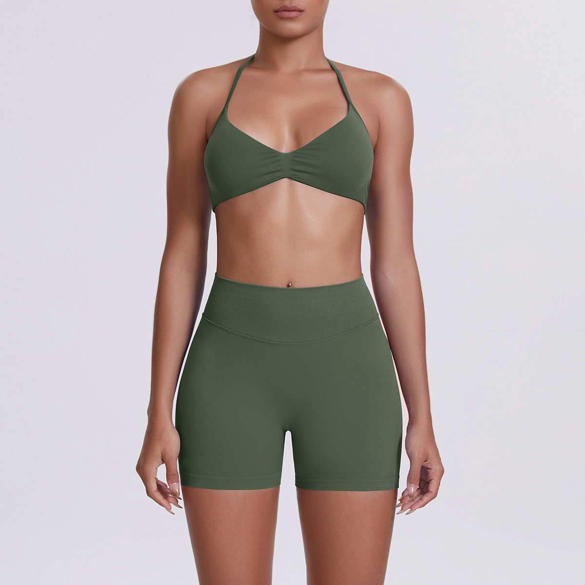 Women Halter Neck Yoga 2-Piece Outfit, Gathered Front Sports Bra 32 Colors, High Waist Peach Butt Biker Shorts 32 Colors, YFYS6702+YFYS6688