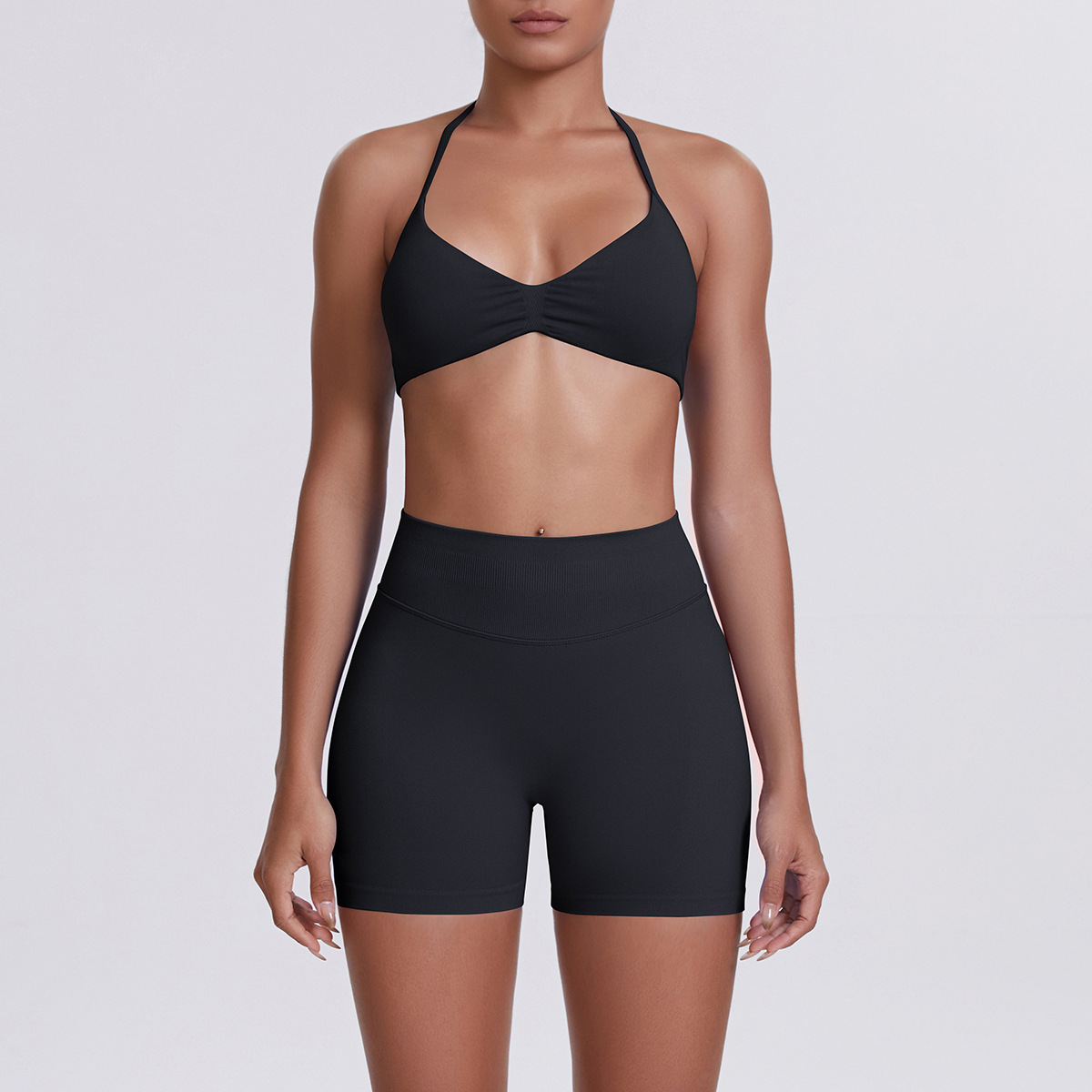 Women Halter Neck Yoga 2-Piece Outfit, Gathered Front Sports Bra 32 Colors, High Waist Peach Butt Biker Shorts 32 Colors, YFYS6702+YFYS6688