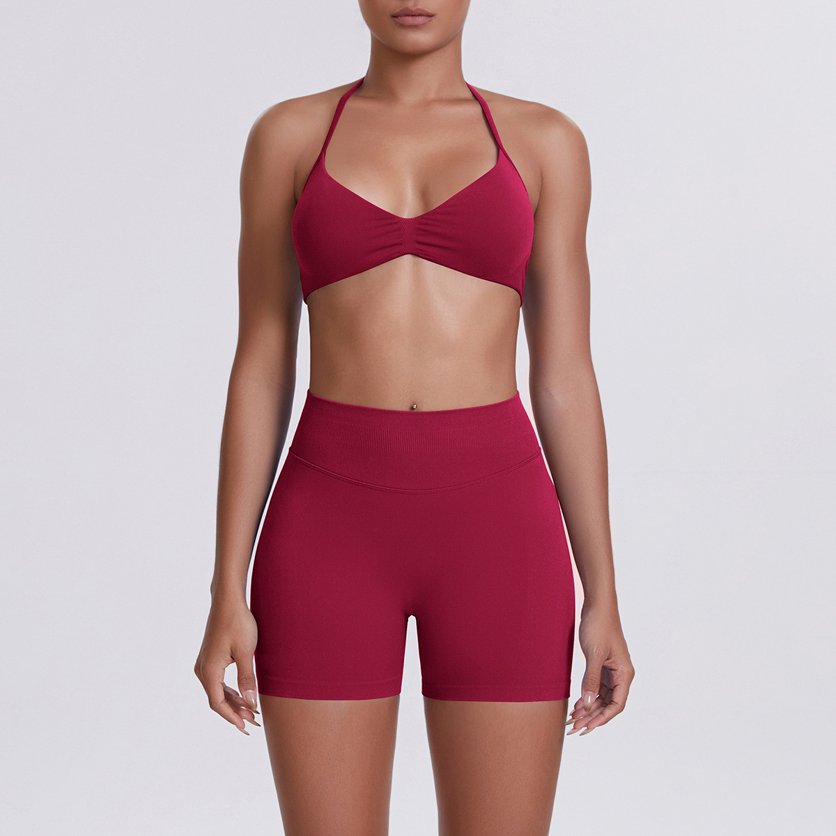Women Halter Neck Yoga 2-Piece Outfit, Gathered Front Sports Bra 32 Colors, High Waist Peach Butt Biker Shorts 32 Colors, YFYS6702+YFYS6688