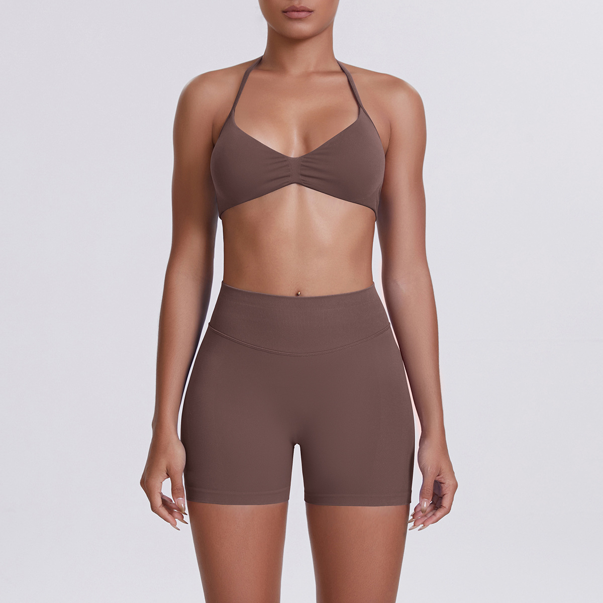 Women Halter Neck Yoga 2-Piece Outfit, Gathered Front Sports Bra 32 Colors, High Waist Peach Butt Biker Shorts 32 Colors, YFYS6702+YFYS6688