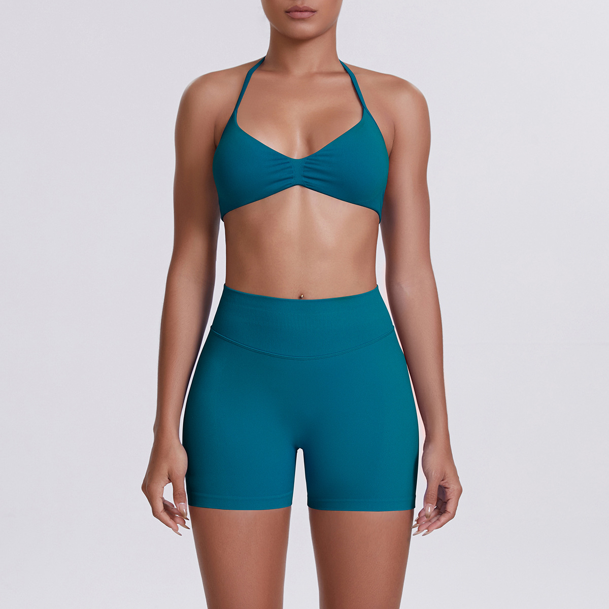 Women Halter Neck Yoga 2-Piece Outfit, Gathered Front Sports Bra 32 Colors, High Waist Peach Butt Biker Shorts 32 Colors, YFYS6702+YFYS6688