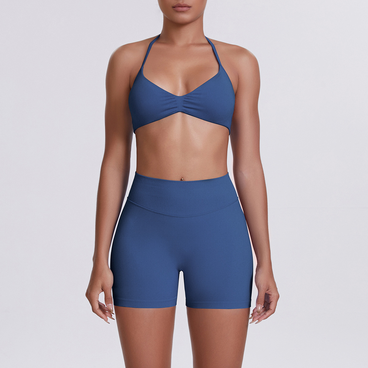 Women Halter Neck Yoga 2-Piece Outfit, Gathered Front Sports Bra 32 Colors, High Waist Peach Butt Biker Shorts 32 Colors, YFYS6702+YFYS6688