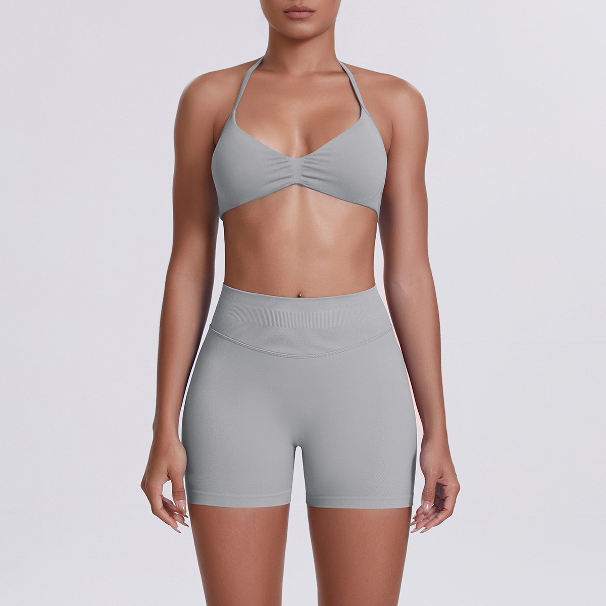 Women Halter Neck Yoga 2-Piece Outfit, Gathered Front Sports Bra 32 Colors, High Waist Peach Butt Biker Shorts 32 Colors, YFYS6702+YFYS6688