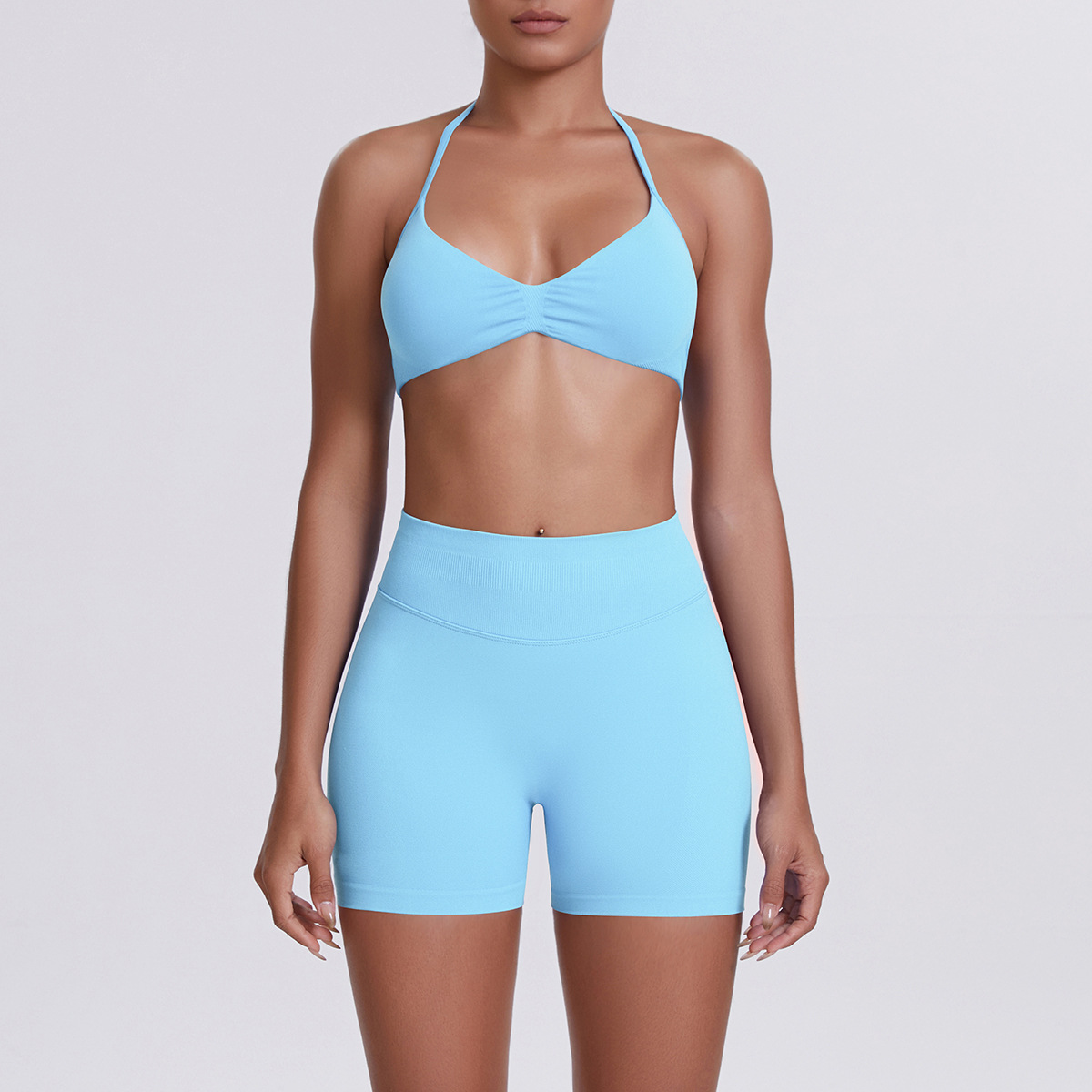 Women Halter Neck Yoga 2-Piece Outfit, Gathered Front Sports Bra 32 Colors, High Waist Peach Butt Biker Shorts 32 Colors, YFYS6702+YFYS6688