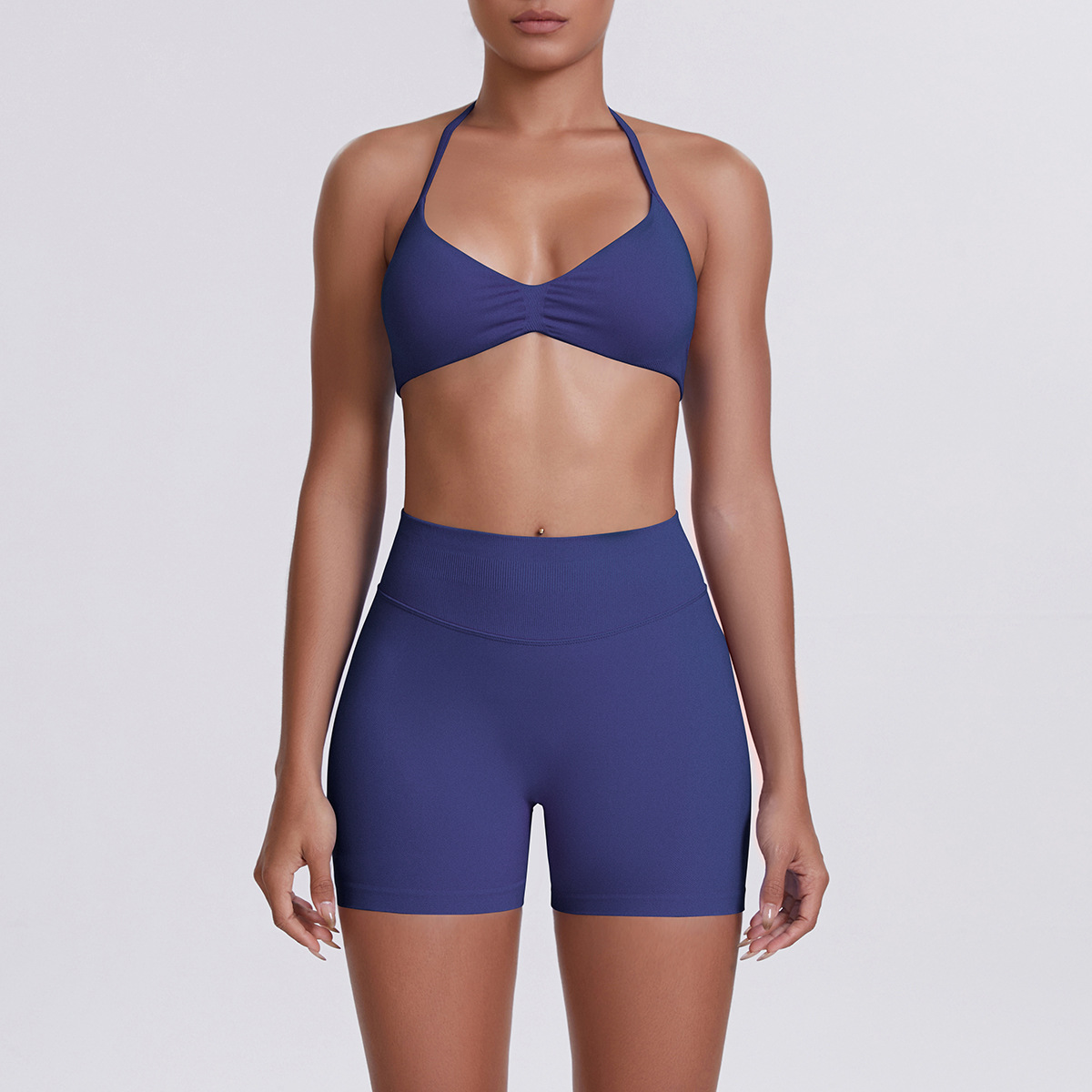 Women Halter Neck Yoga 2-Piece Outfit, Gathered Front Sports Bra 32 Colors, High Waist Peach Butt Biker Shorts 32 Colors, YFYS6702+YFYS6688