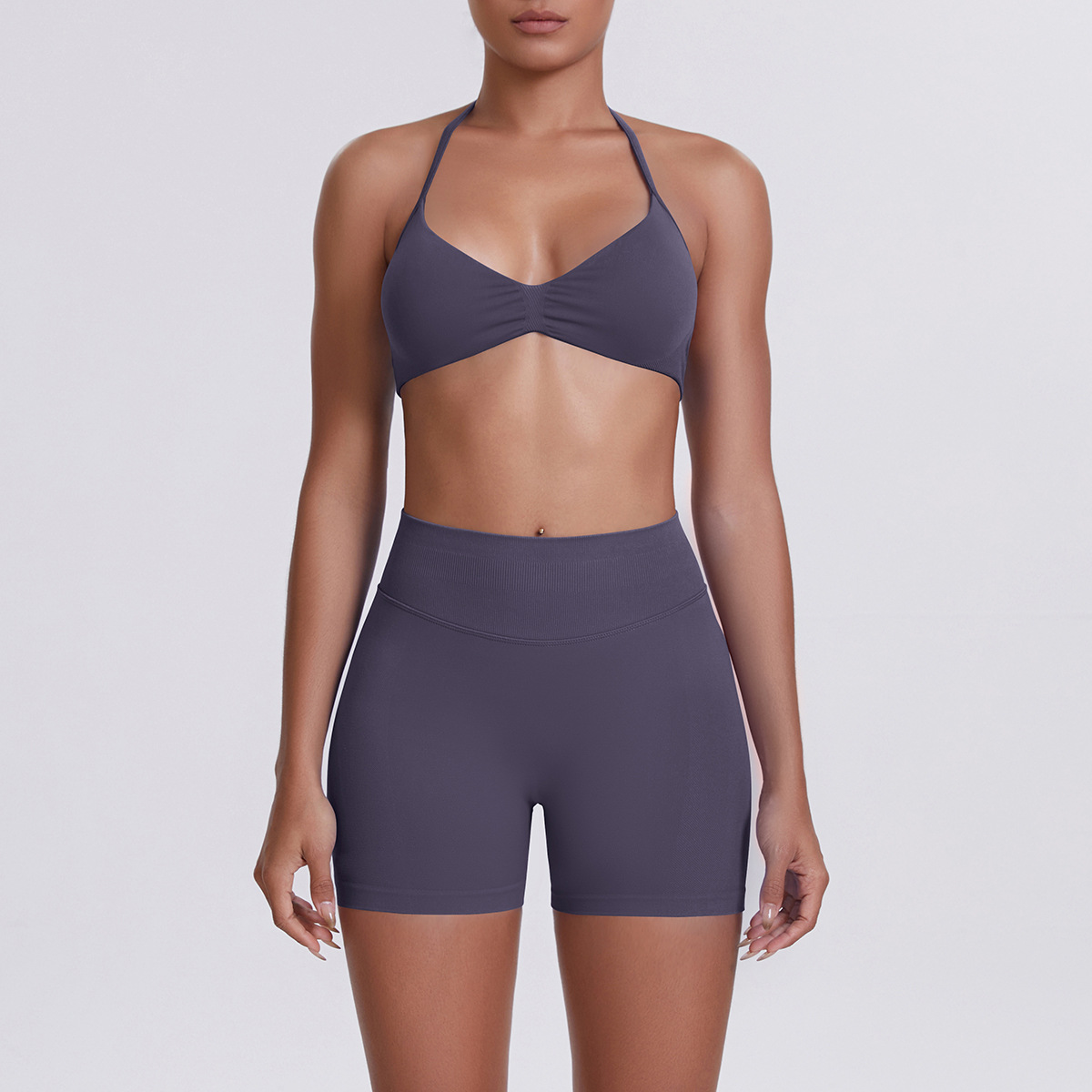 Women Halter Neck Yoga 2-Piece Outfit, Gathered Front Sports Bra 32 Colors, High Waist Peach Butt Biker Shorts 32 Colors, YFYS6702+YFYS6688