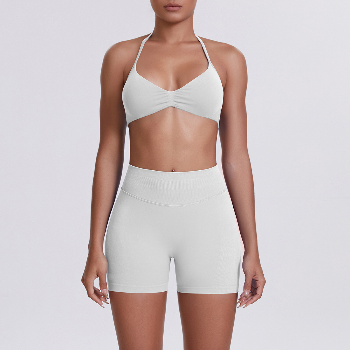 Women Halter Neck Yoga 2-Piece Outfit, Gathered Front Sports Bra 32 Colors, High Waist Peach Butt Biker Shorts 32 Colors, YFYS6702+YFYS6688