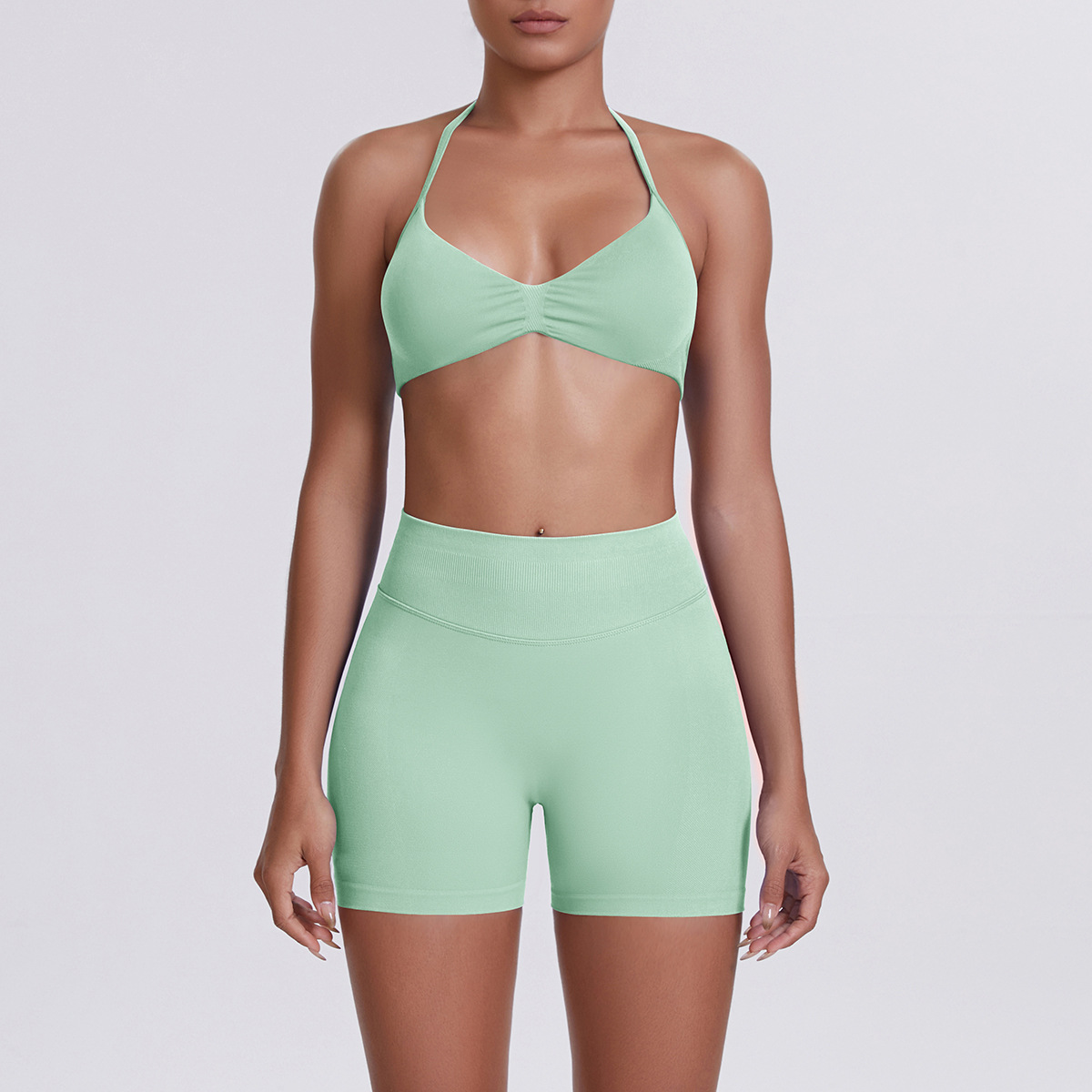 Women Halter Neck Yoga 2-Piece Outfit, Gathered Front Sports Bra 32 Colors, High Waist Peach Butt Biker Shorts 32 Colors, YFYS6702+YFYS6688