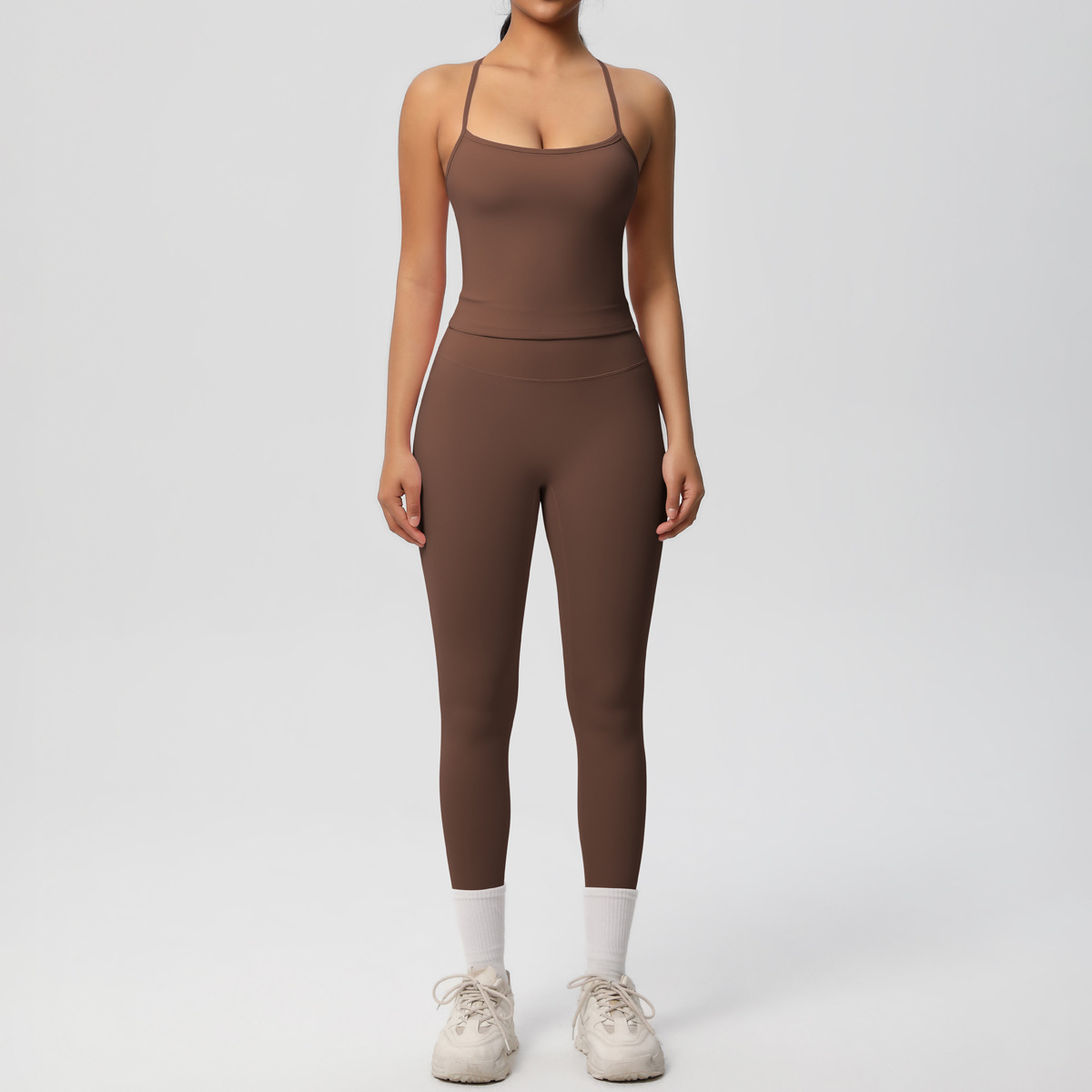 Light Support Gym Suit, Thin Strap Back Long Camisole 15 Colors, Anti Roll Hip Lifting Workout Leggings 15 Colors, YFYS7107+YFYS7100
