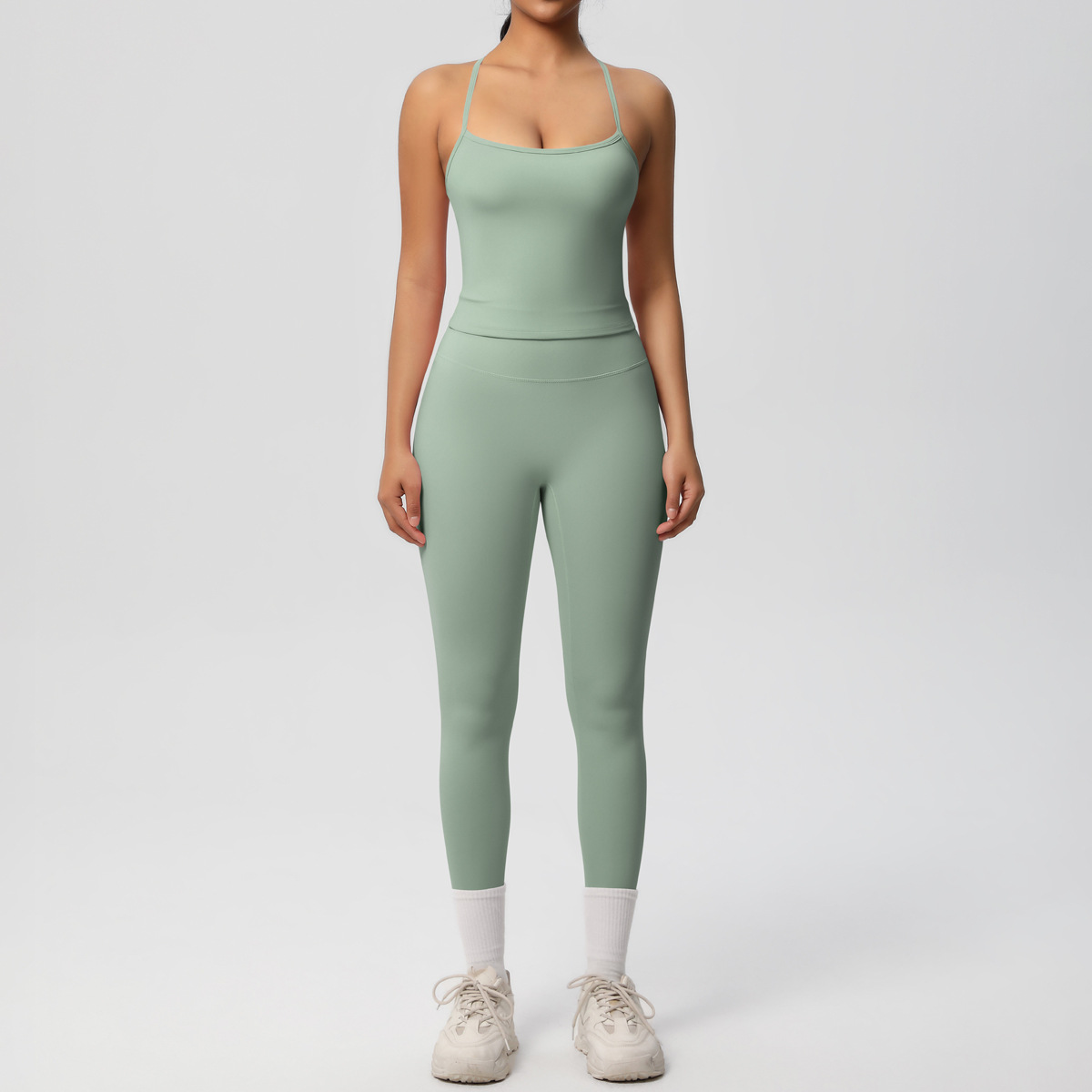 Light Support Gym Suit, Thin Strap Back Long Camisole 15 Colors, Anti Roll Hip Lifting Workout Leggings 15 Colors, YFYS7107+YFYS7100