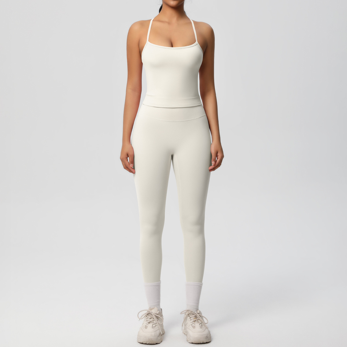 Light Support Gym Suit, Thin Strap Back Long Camisole 15 Colors, Anti Roll Hip Lifting Workout Leggings 15 Colors, YFYS7107+YFYS7100