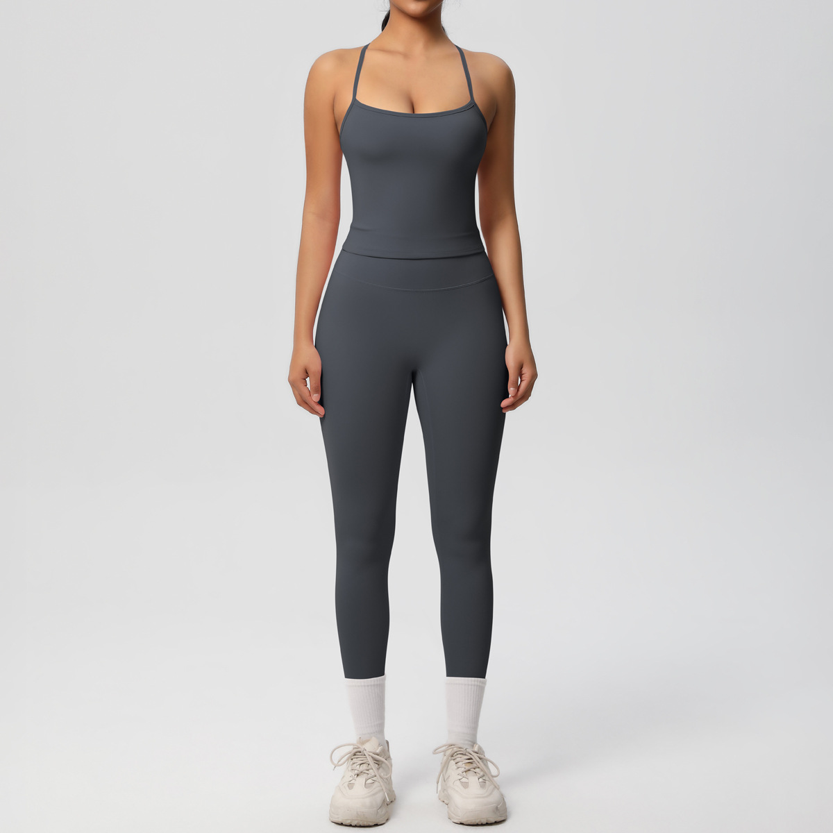 Light Support Gym Suit, Thin Strap Back Long Camisole 15 Colors, Anti Roll Hip Lifting Workout Leggings 15 Colors, YFYS7107+YFYS7100