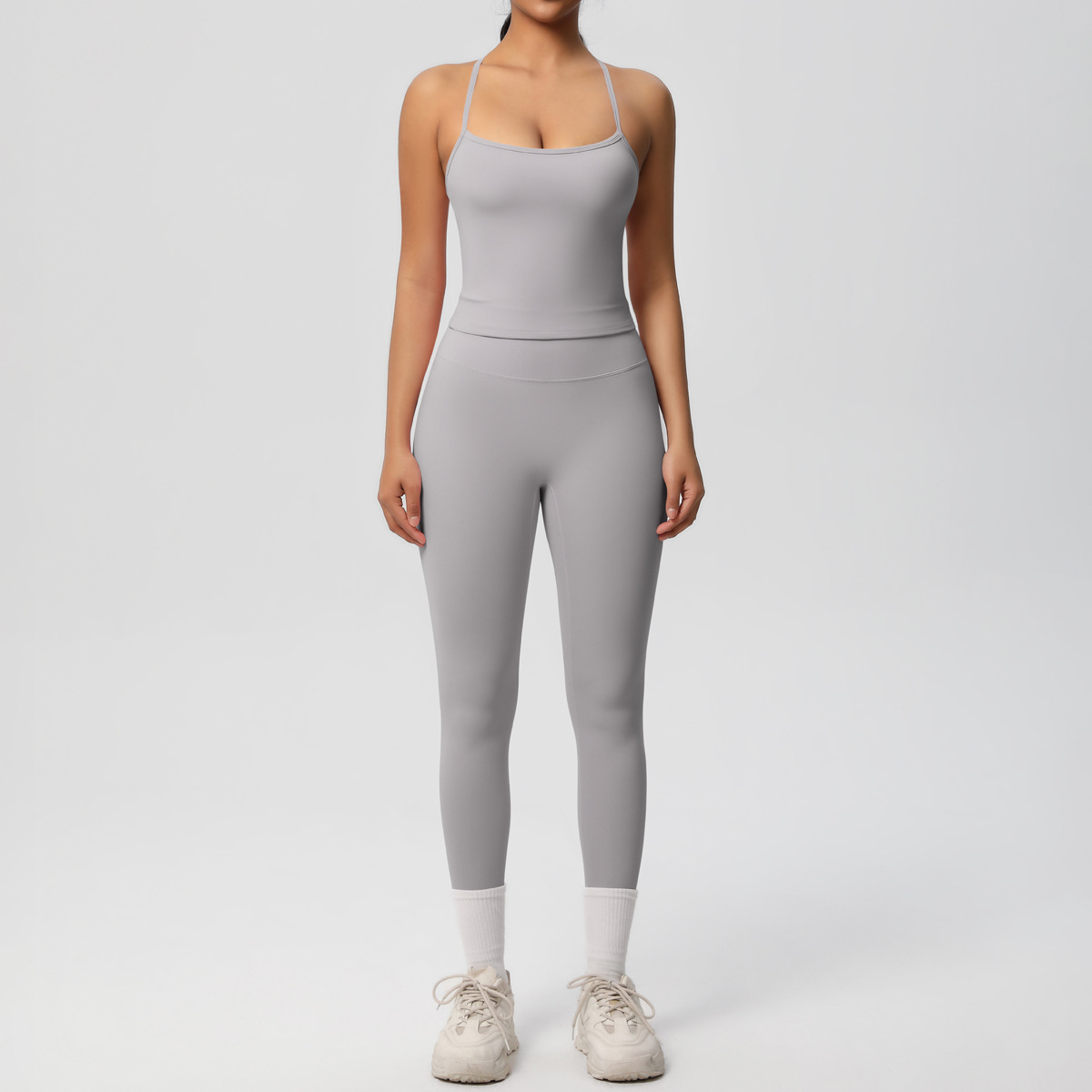 Light Support Gym Suit, Thin Strap Back Long Camisole 15 Colors, Anti Roll Hip Lifting Workout Leggings 15 Colors, YFYS7107+YFYS7100