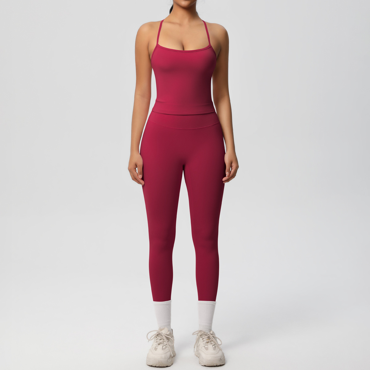 Light Support Gym Suit, Thin Strap Back Long Camisole 15 Colors, Anti Roll Hip Lifting Workout Leggings 15 Colors, YFYS7107+YFYS7100