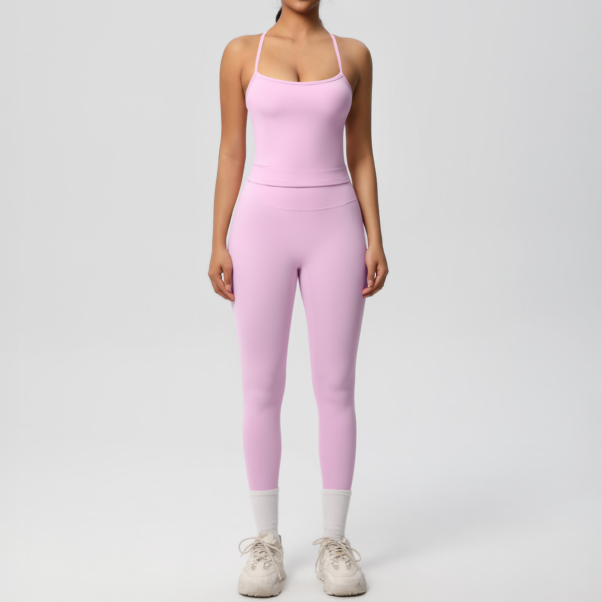 Light Support Gym Suit, Thin Strap Back Long Camisole 15 Colors, Anti Roll Hip Lifting Workout Leggings 15 Colors, YFYS7107+YFYS7100
