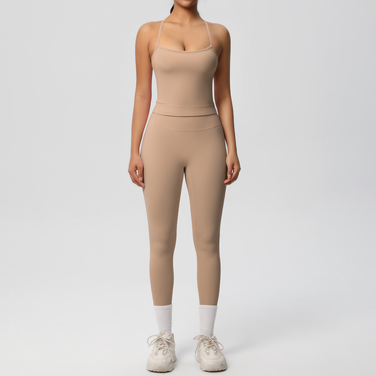 Light Support Gym Suit, Thin Strap Back Long Camisole 15 Colors, Anti Roll Hip Lifting Workout Leggings 15 Colors, YFYS7107+YFYS7100