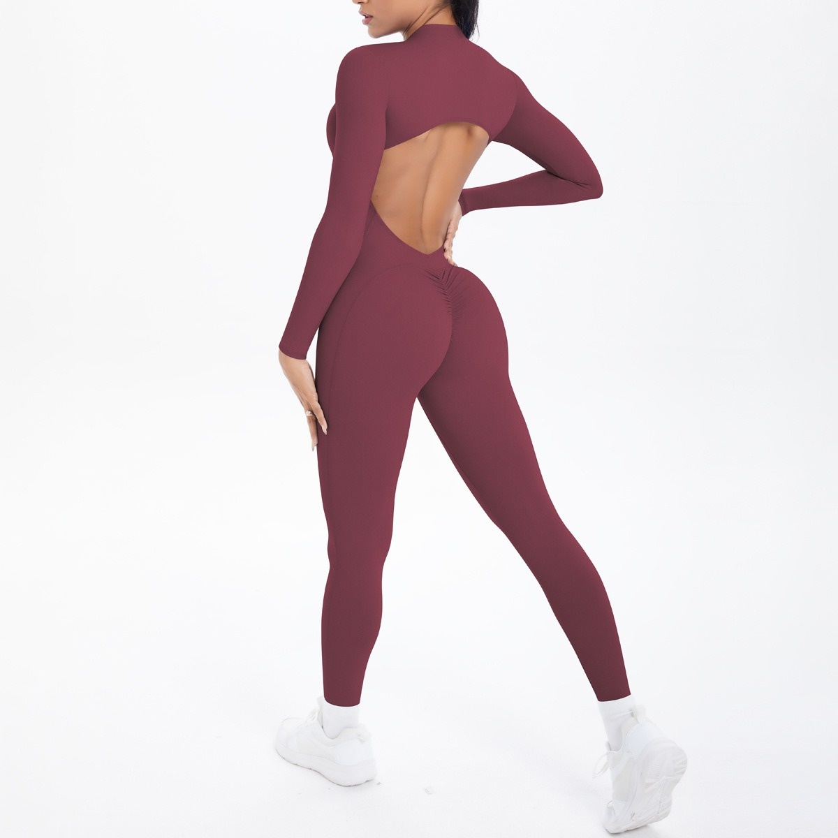 Open-Back Cutout Long-Sleeve Butt-Lifting Bodysuit 5 Colors YFYS6696
