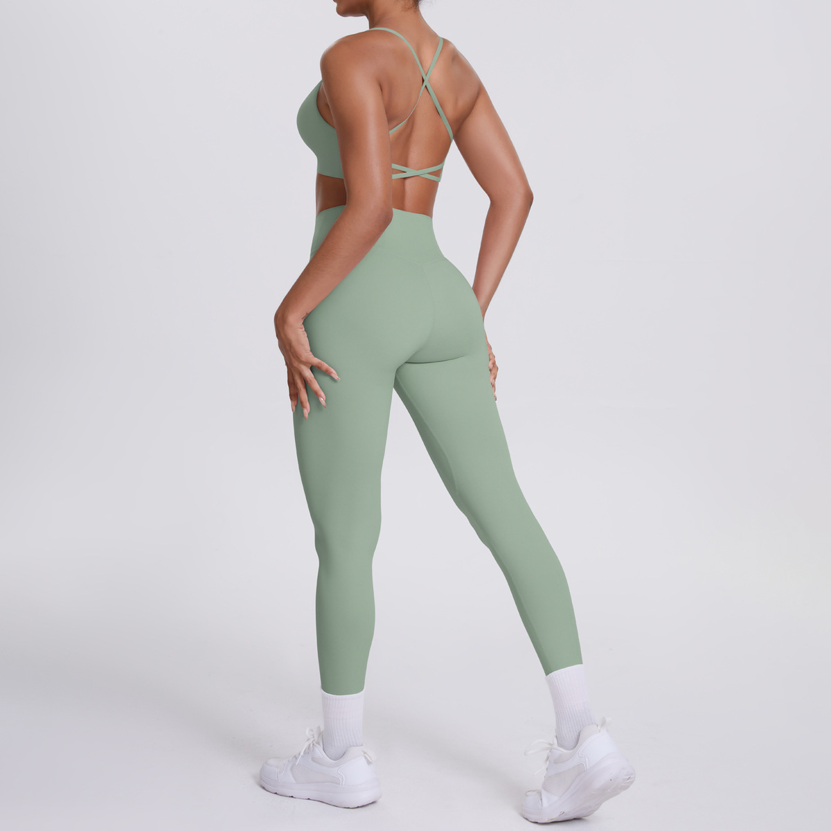 Medium Support Gym Suit, Crisscross Back Camisole Top 10 Colors, Anti Roll Hip Lifting Workout Leggings 10 Colors, YFYS7112+YFYS7100