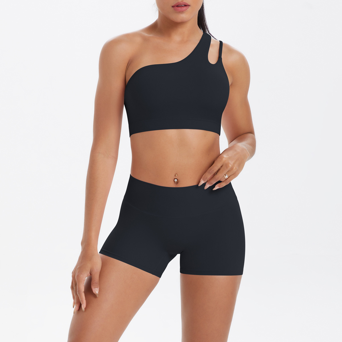 Women One Shoulder Cutout Yoga 2-Piece Outfit, Asymmetric Hollow Back Sports Bra 10 Colors, High Waist Butt Lifting Biker Shorts 10 Colors, YFYS7114+YFYS7101