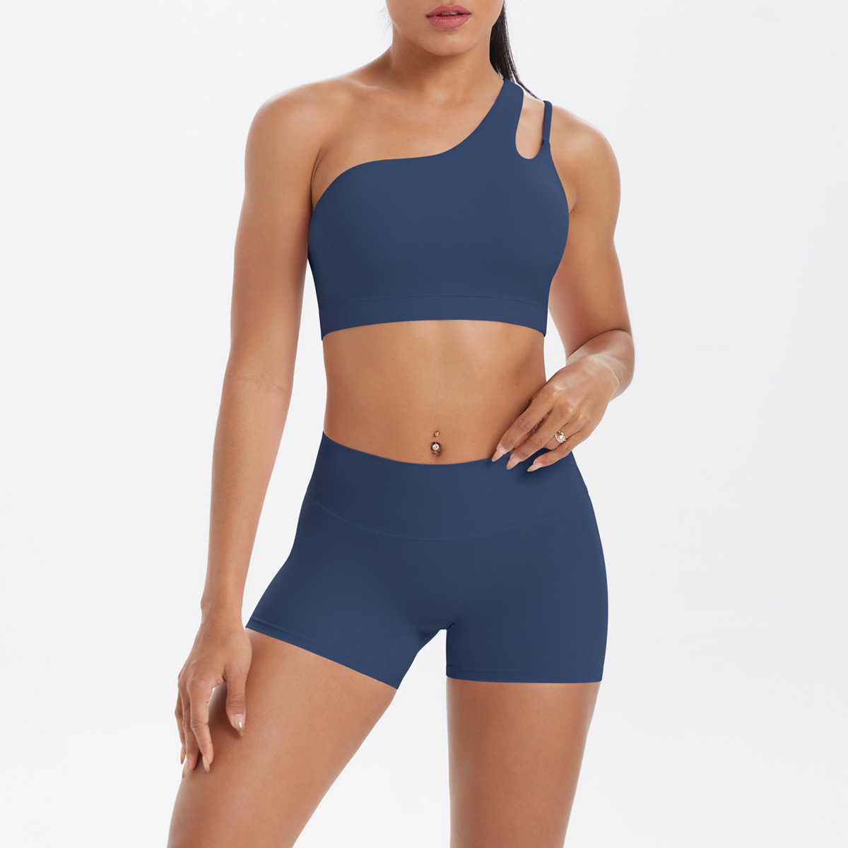 Women One Shoulder Cutout Yoga 2-Piece Outfit, Asymmetric Hollow Back Sports Bra 10 Colors, High Waist Butt Lifting Biker Shorts 10 Colors, YFYS7114+YFYS7101