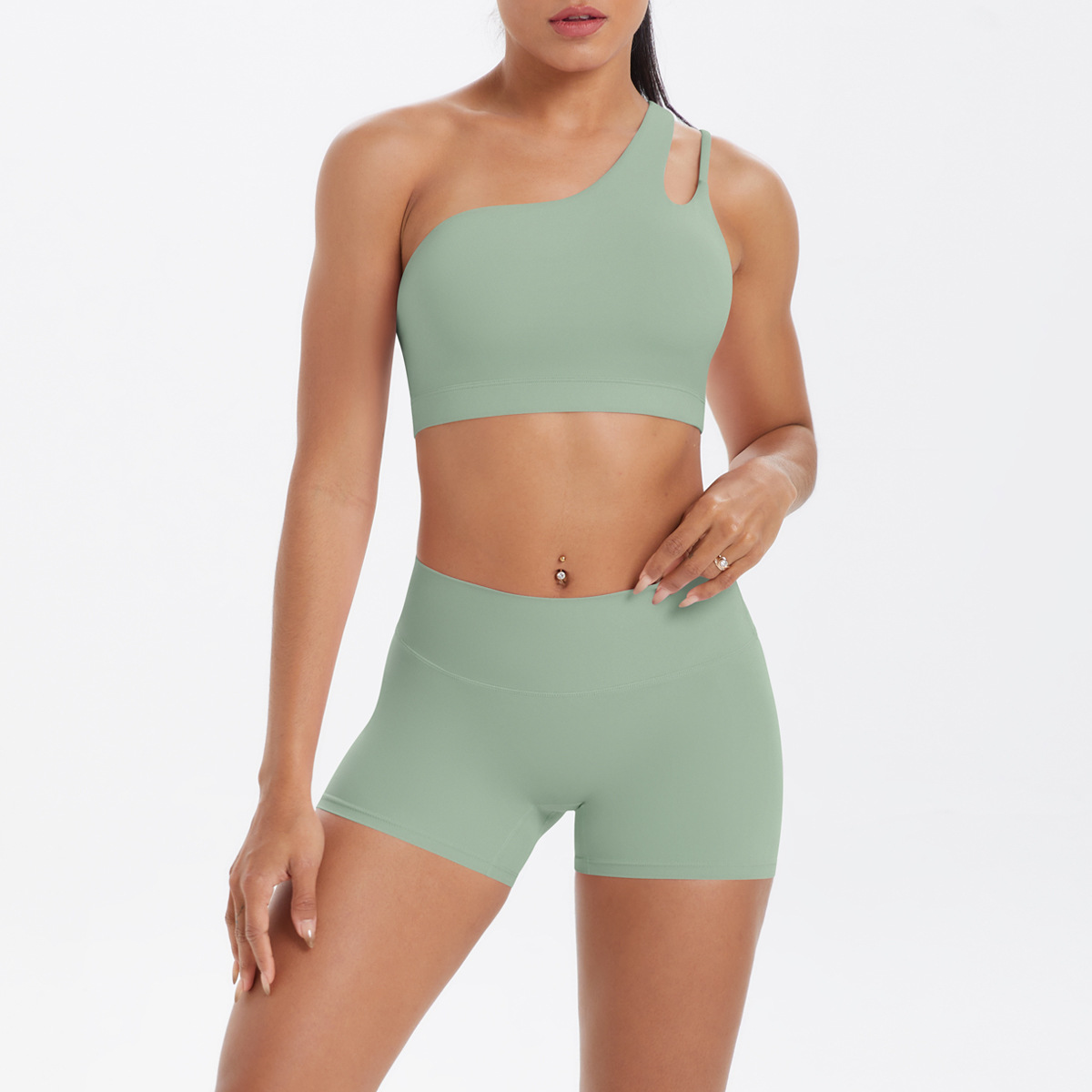 Women One Shoulder Cutout Yoga 2-Piece Outfit, Asymmetric Hollow Back Sports Bra 10 Colors, High Waist Butt Lifting Biker Shorts 10 Colors, YFYS7114+YFYS7101