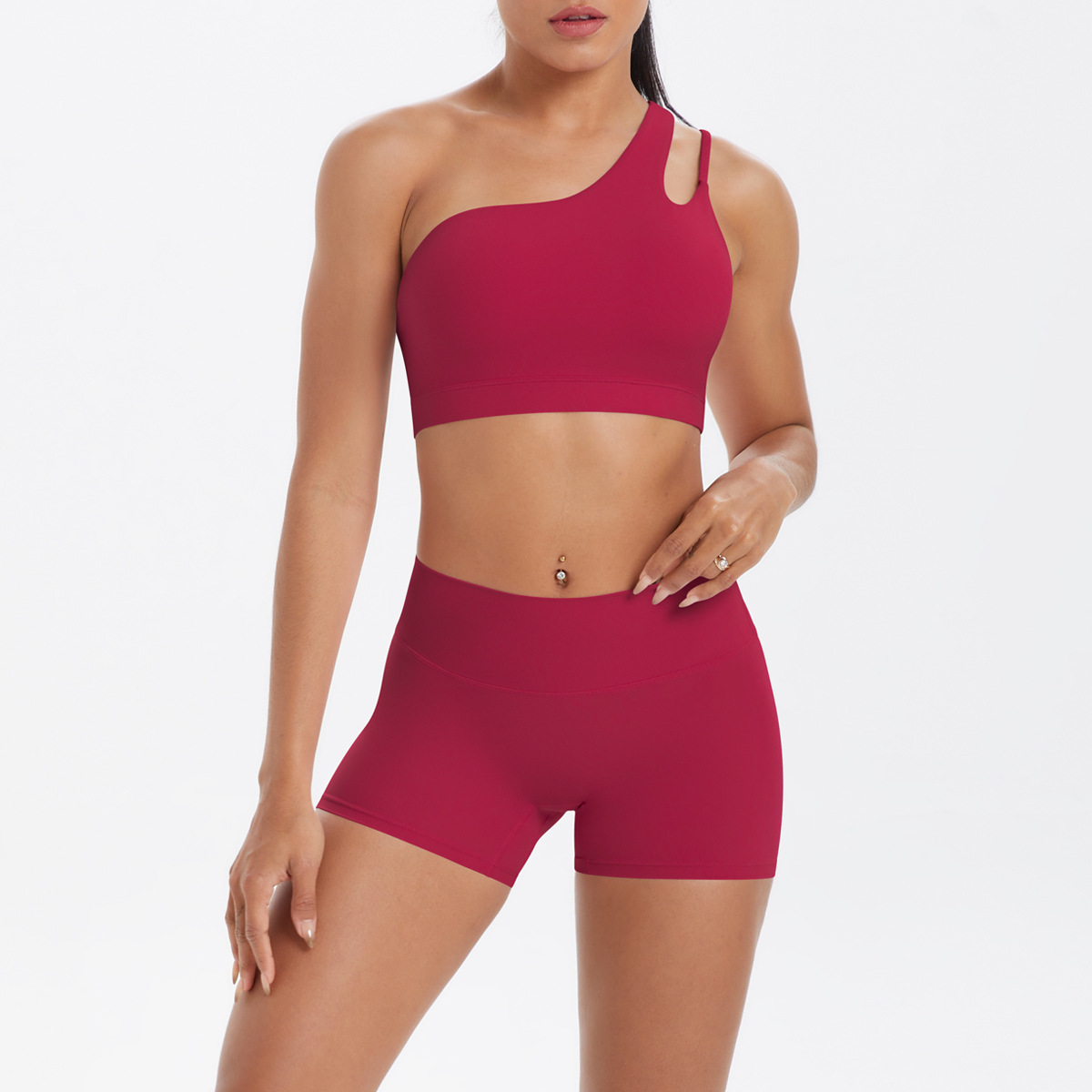 Women One Shoulder Cutout Yoga 2-Piece Outfit, Asymmetric Hollow Back Sports Bra 10 Colors, High Waist Butt Lifting Biker Shorts 10 Colors, YFYS7114+YFYS7101