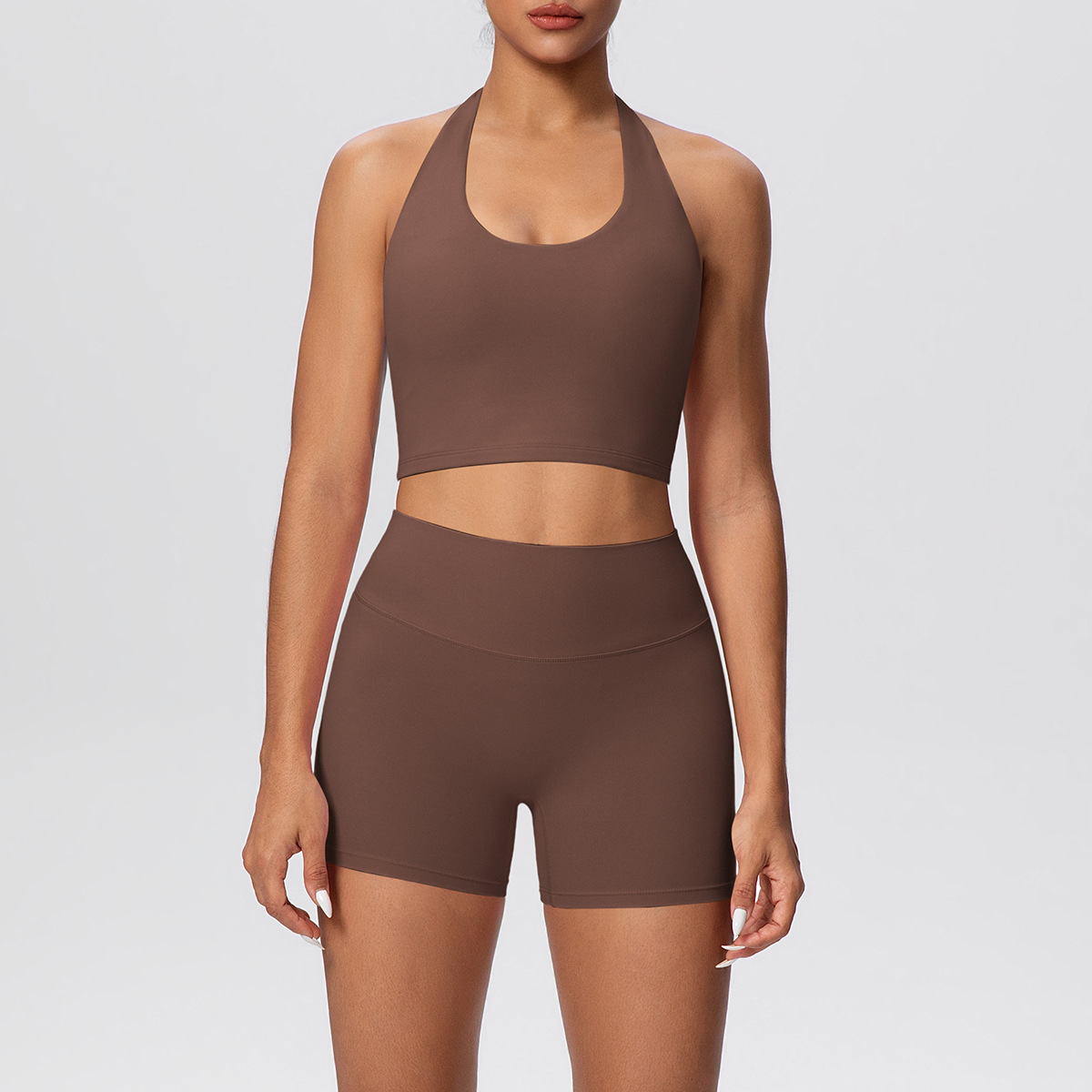 Women Halter U Neck Yoga 2-Piece Outfit, Hollow Back Halter Sports Bra 7 Colors, High Waist Butt Lifting Biker Shorts 7 Colors, YFYS7125+YFYS7101