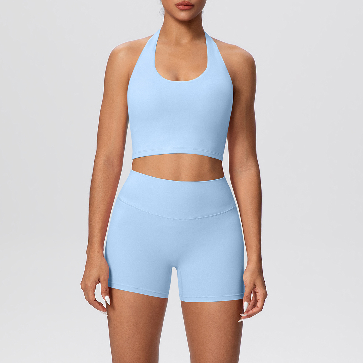 Women Halter U Neck Yoga 2-Piece Outfit, Hollow Back Halter Sports Bra 7 Colors, High Waist Butt Lifting Biker Shorts 7 Colors, YFYS7125+YFYS7101
