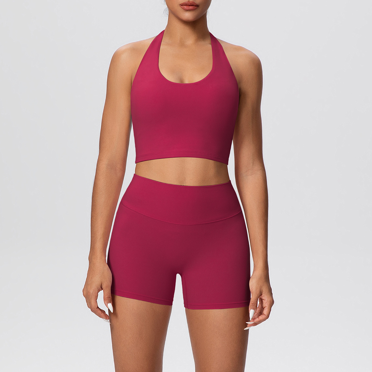Women Halter U Neck Yoga 2-Piece Outfit, Hollow Back Halter Sports Bra 7 Colors, High Waist Butt Lifting Biker Shorts 7 Colors, YFYS7125+YFYS7101