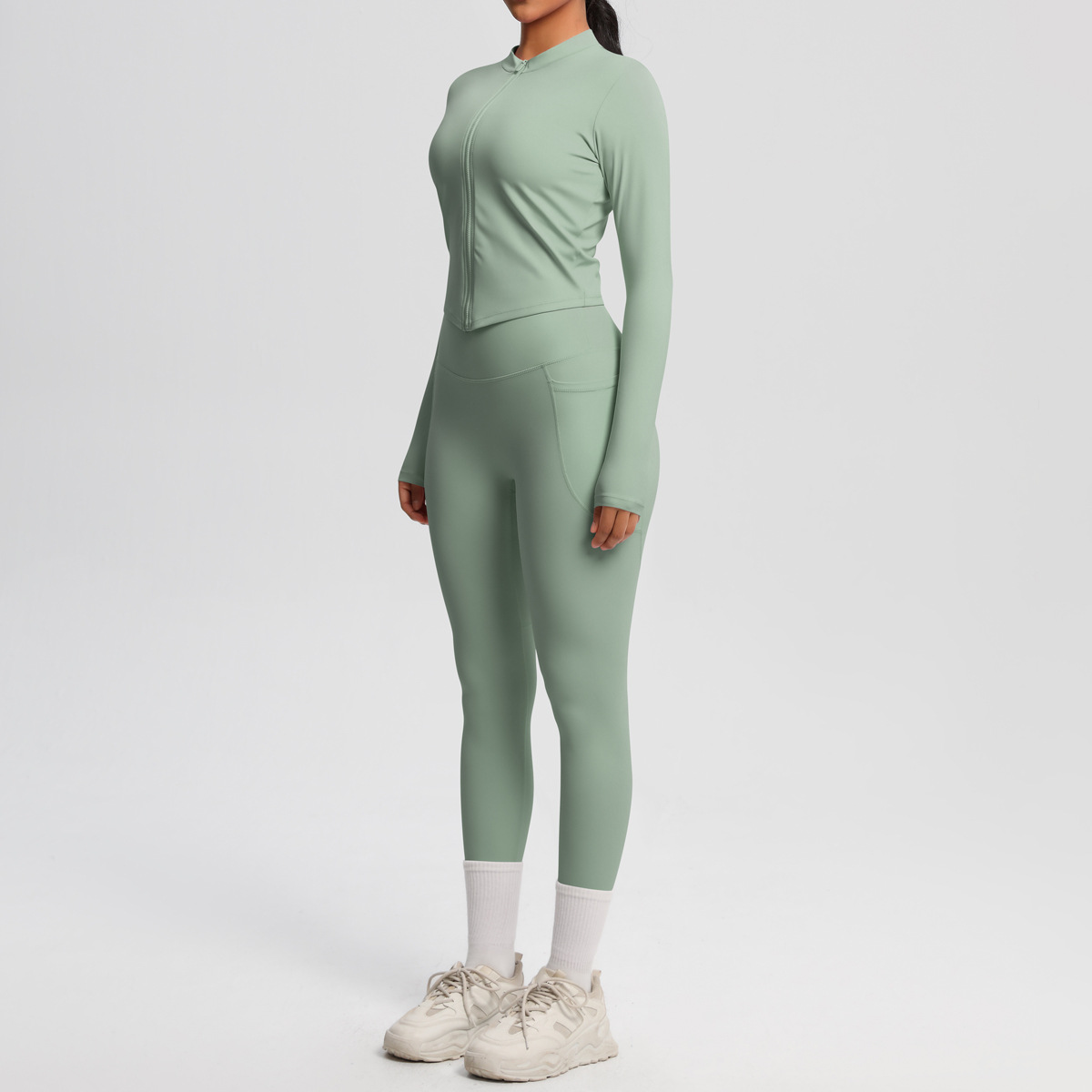 Daily Casual Matching Outfit, Thumb Hole Zip Long Sleeve Top 10 Colors, Hidden Pocket Slim Fit Yoga Pants 10 Colors, YFYS7106+YFYS7108