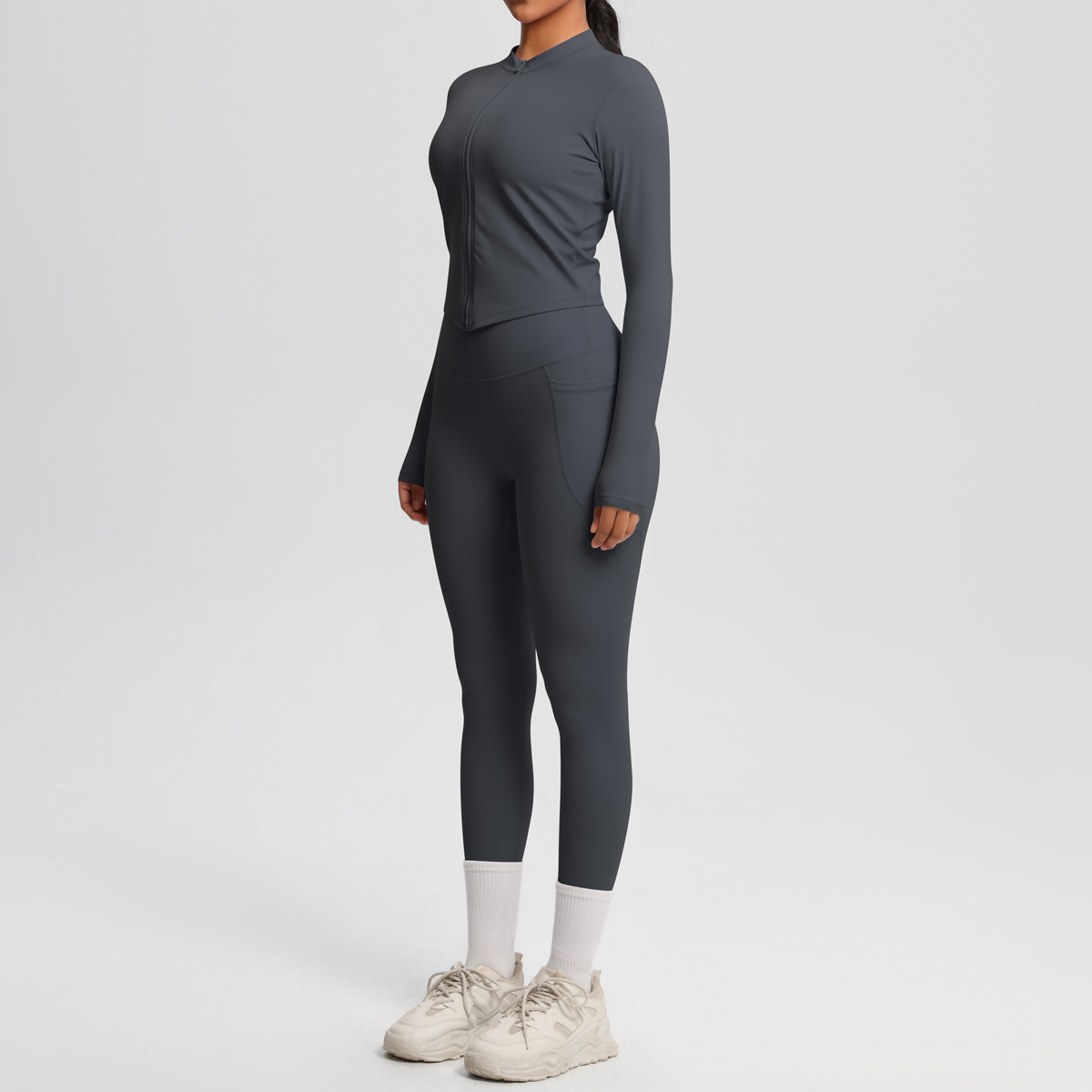 Daily Casual Matching Outfit, Thumb Hole Zip Long Sleeve Top 10 Colors, Hidden Pocket Slim Fit Yoga Pants 10 Colors, YFYS7106+YFYS7108