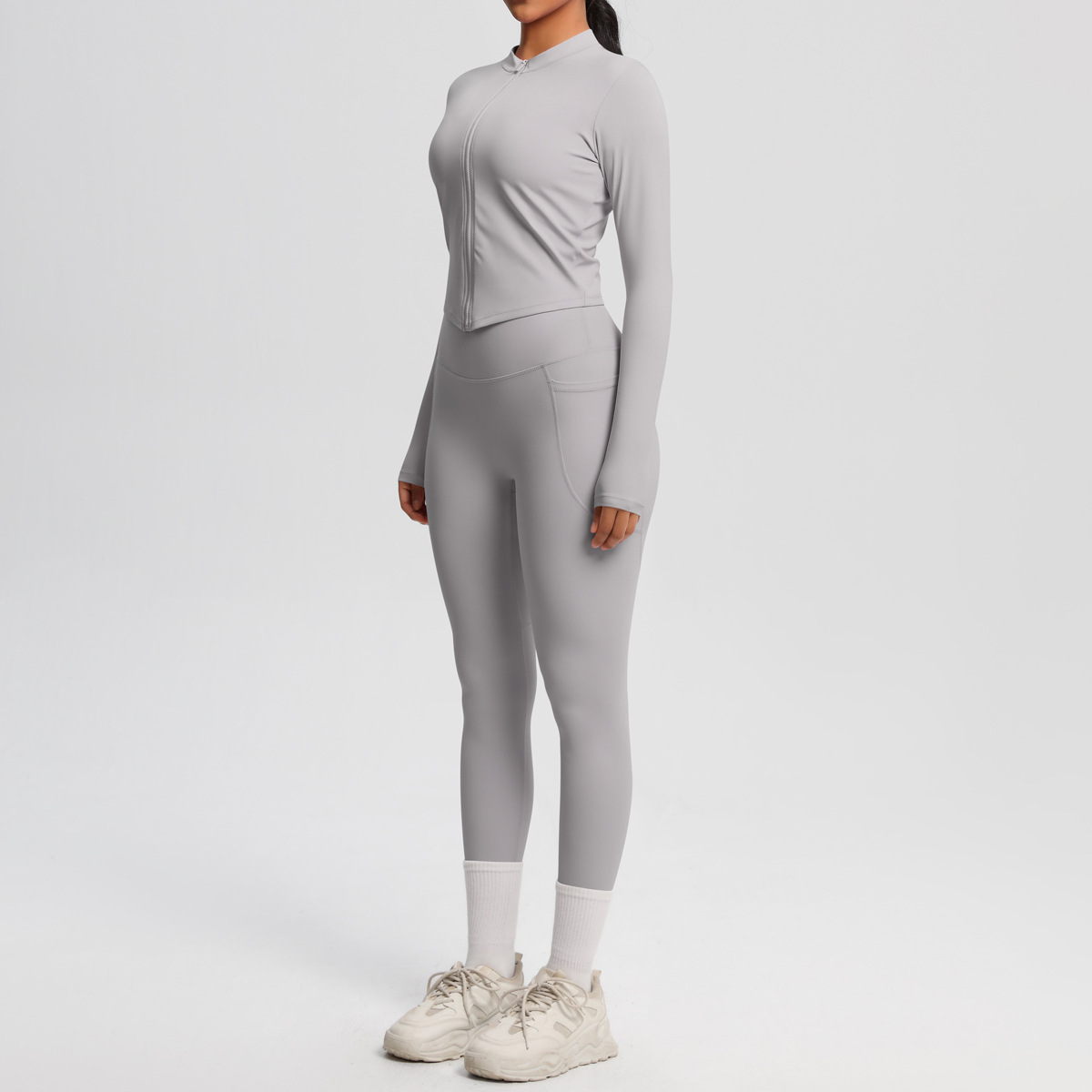 Daily Casual Matching Outfit, Thumb Hole Zip Long Sleeve Top 10 Colors, Hidden Pocket Slim Fit Yoga Pants 10 Colors, YFYS7106+YFYS7108