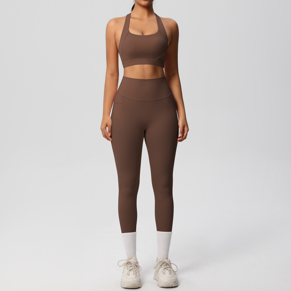 Daily Casual Matching Outfit, Cross Back Athletic Bra 10 Colors, Hidden Pocket Slim Fit Yoga Pants 10 Colors, YFYS7110+YFYS7108