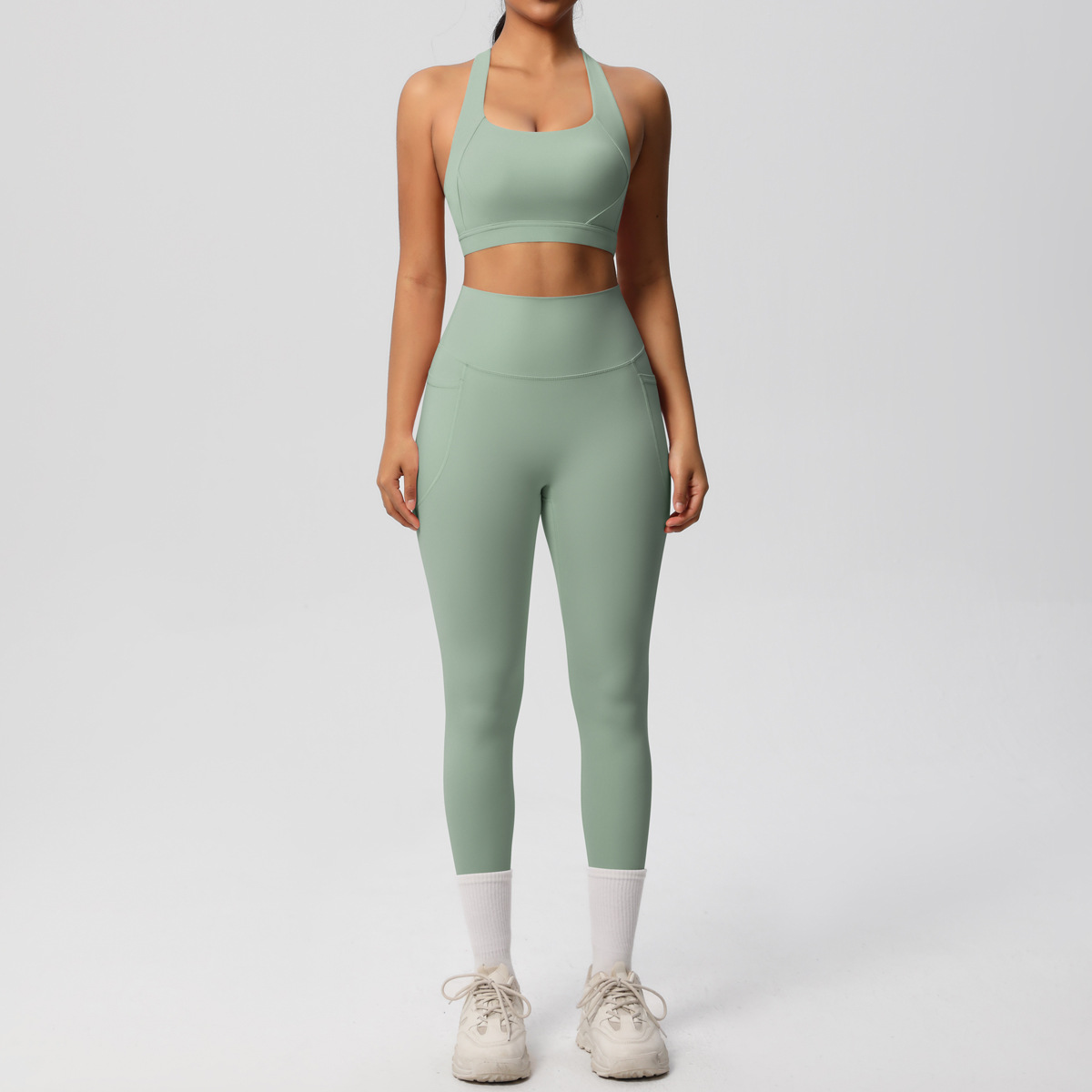 Daily Casual Matching Outfit, Cross Back Athletic Bra 10 Colors, Hidden Pocket Slim Fit Yoga Pants 10 Colors, YFYS7110+YFYS7108