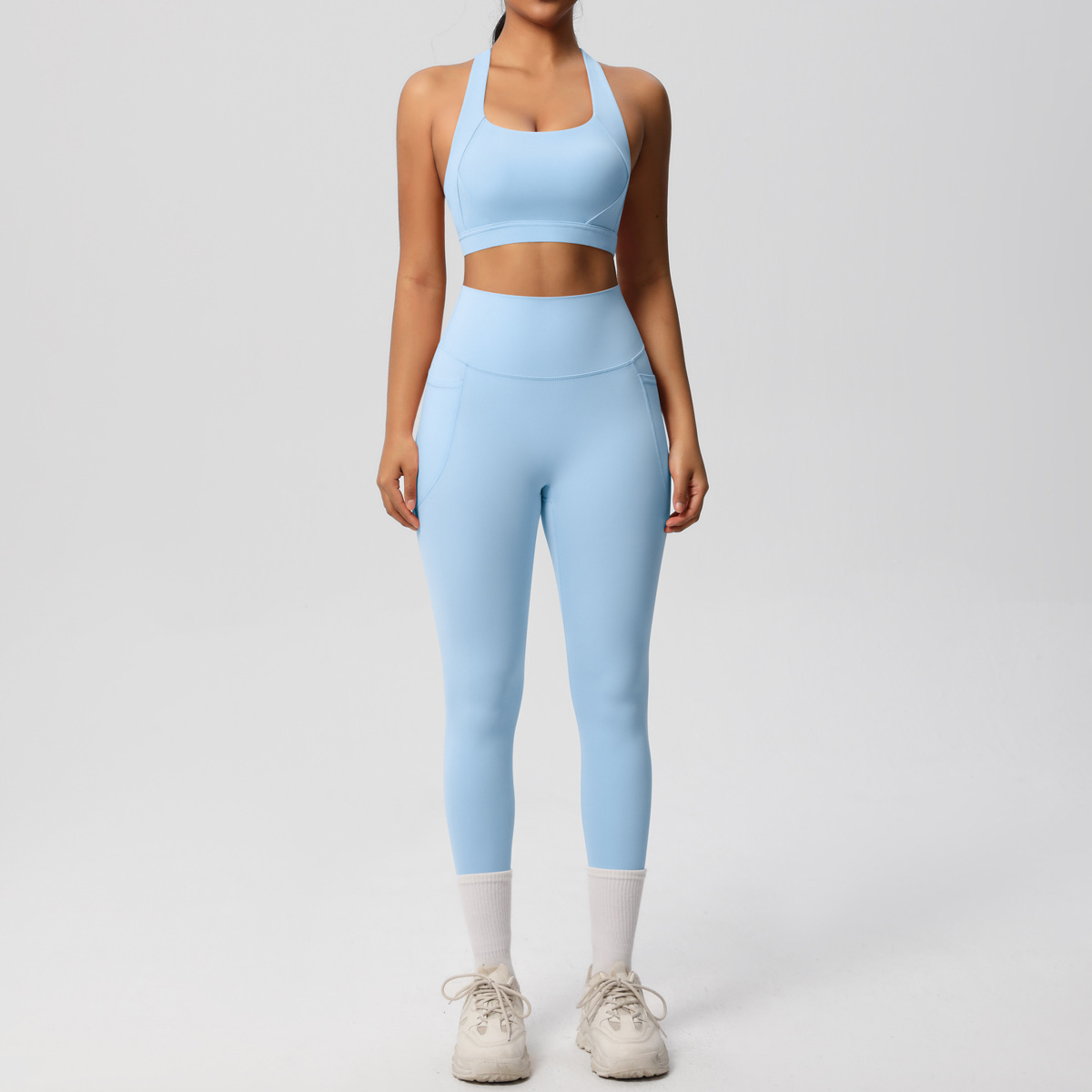 Daily Casual Matching Outfit, Cross Back Athletic Bra 10 Colors, Hidden Pocket Slim Fit Yoga Pants 10 Colors, YFYS7110+YFYS7108