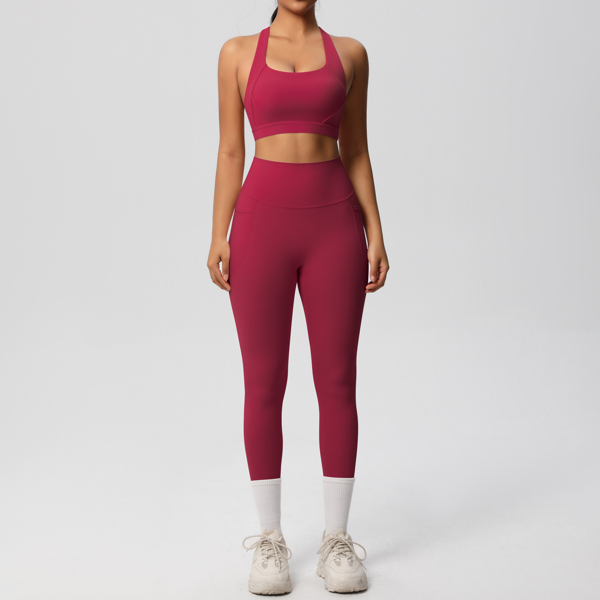 Daily Casual Matching Outfit, Cross Back Athletic Bra 10 Colors, Hidden Pocket Slim Fit Yoga Pants 10 Colors, YFYS7110+YFYS7108