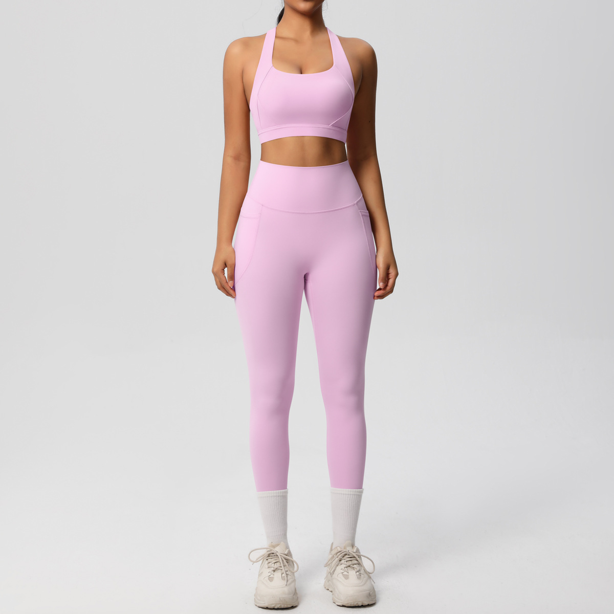 Daily Casual Matching Outfit, Cross Back Athletic Bra 10 Colors, Hidden Pocket Slim Fit Yoga Pants 10 Colors, YFYS7110+YFYS7108
