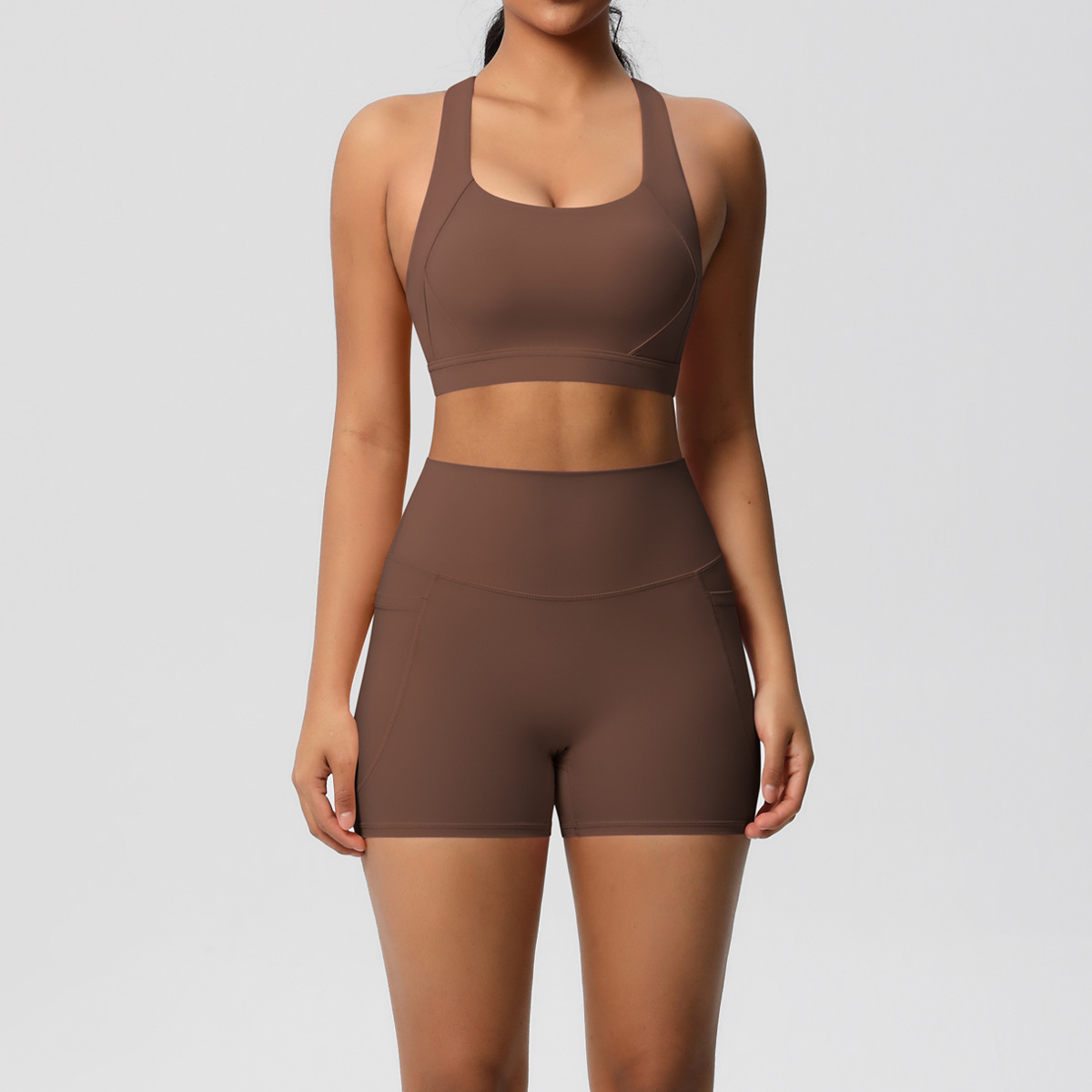 Women Wide Strap Cross Back Yoga 2-Piece Outfit, U Neck Sports Bra 10 Colors, High Waist Pocket Biker Shorts 10 Colors, YFYS7110+YFYS7109