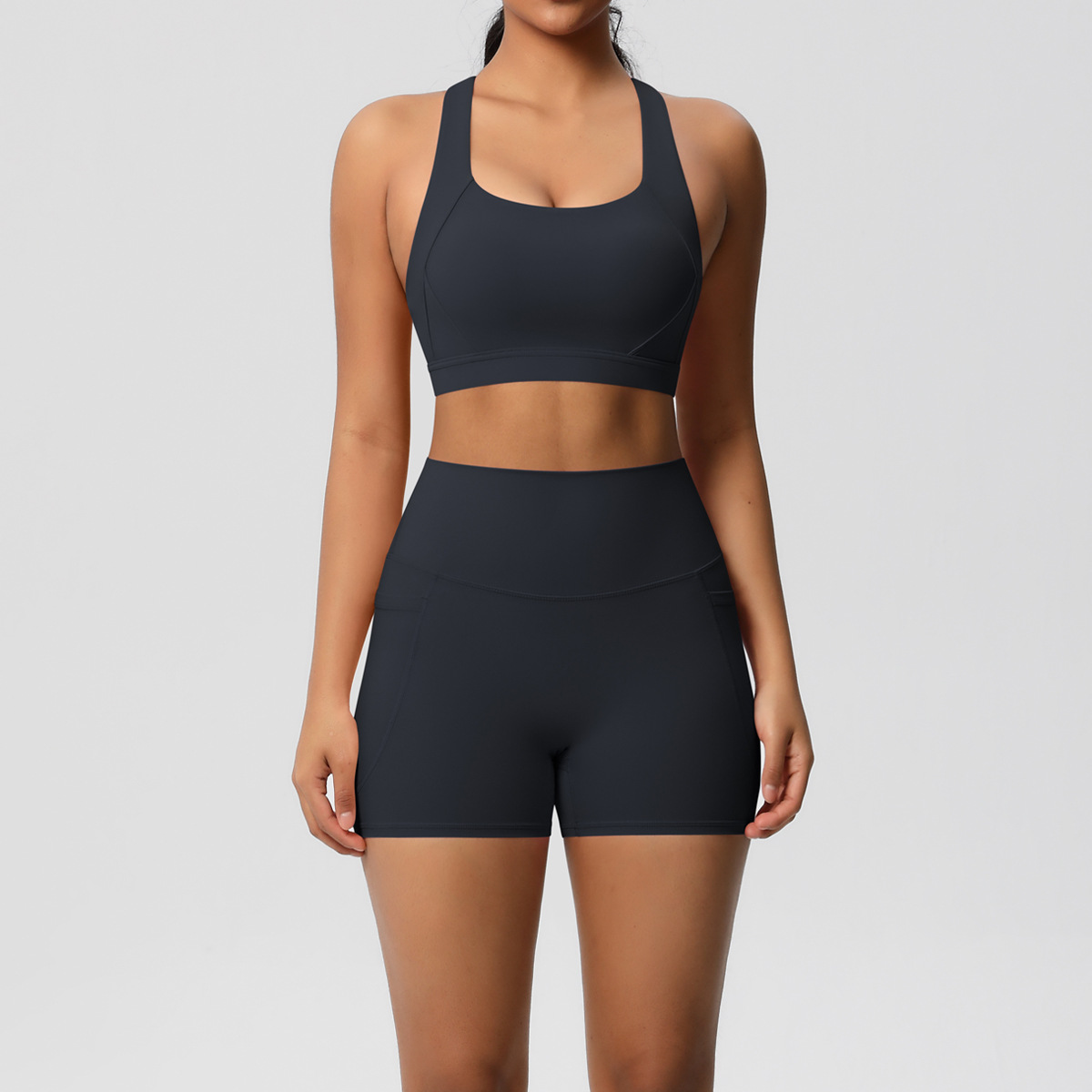 Women Wide Strap Cross Back Yoga 2-Piece Outfit, U Neck Sports Bra 10 Colors, High Waist Pocket Biker Shorts 10 Colors, YFYS7110+YFYS7109