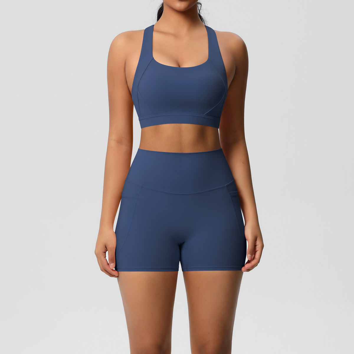 Women Wide Strap Cross Back Yoga 2-Piece Outfit, U Neck Sports Bra 10 Colors, High Waist Pocket Biker Shorts 10 Colors, YFYS7110+YFYS7109