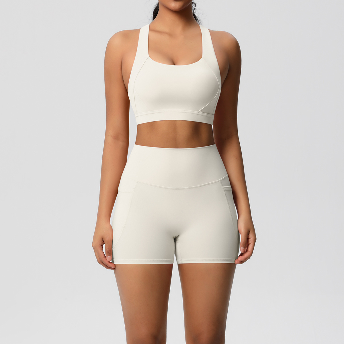 Women Wide Strap Cross Back Yoga 2-Piece Outfit, U Neck Sports Bra 10 Colors, High Waist Pocket Biker Shorts 10 Colors, YFYS7110+YFYS7109
