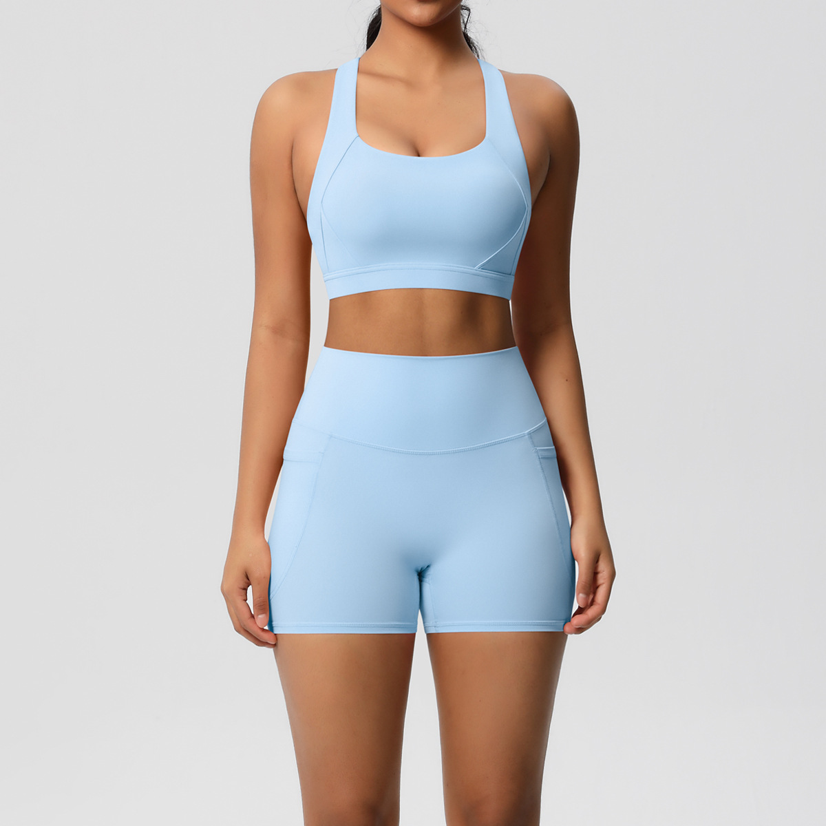 Women Wide Strap Cross Back Yoga 2-Piece Outfit, U Neck Sports Bra 10 Colors, High Waist Pocket Biker Shorts 10 Colors, YFYS7110+YFYS7109