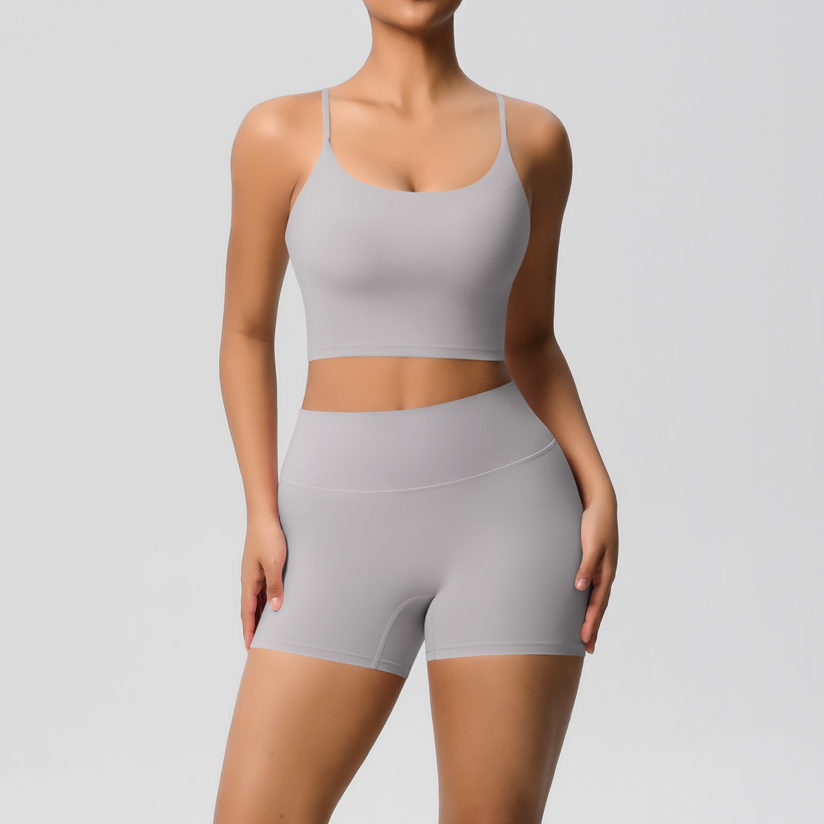 Naked Soft Fitness Set, Thin Strap Back Sports Bra 15 Colors, Tummy Control Compression Shorts 15 Colors, YFYS7121+YFYS7101