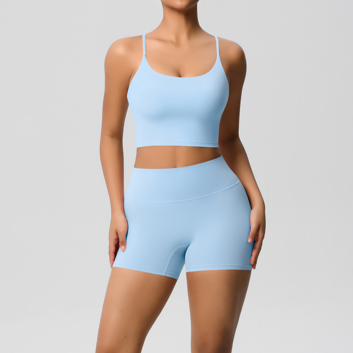 Naked Soft Fitness Set, Thin Strap Back Sports Bra 15 Colors, Tummy Control Compression Shorts 15 Colors, YFYS7121+YFYS7101