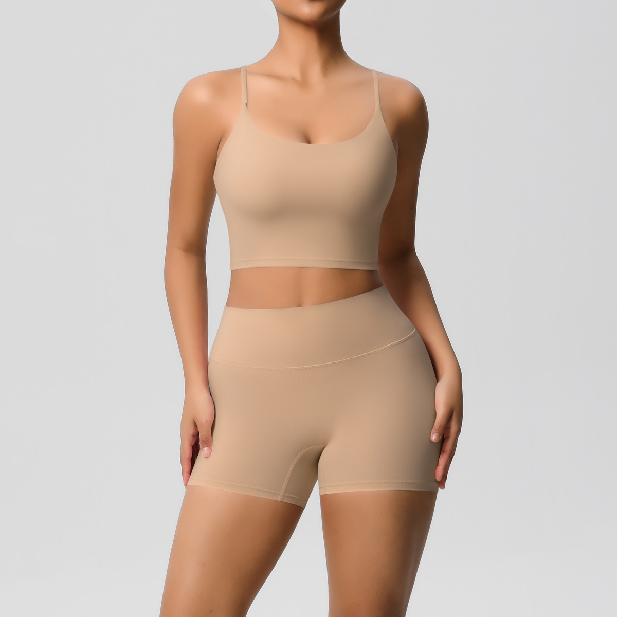 Naked Soft Fitness Set, Thin Strap Back Sports Bra 15 Colors, Tummy Control Compression Shorts 15 Colors, YFYS7121+YFYS7101