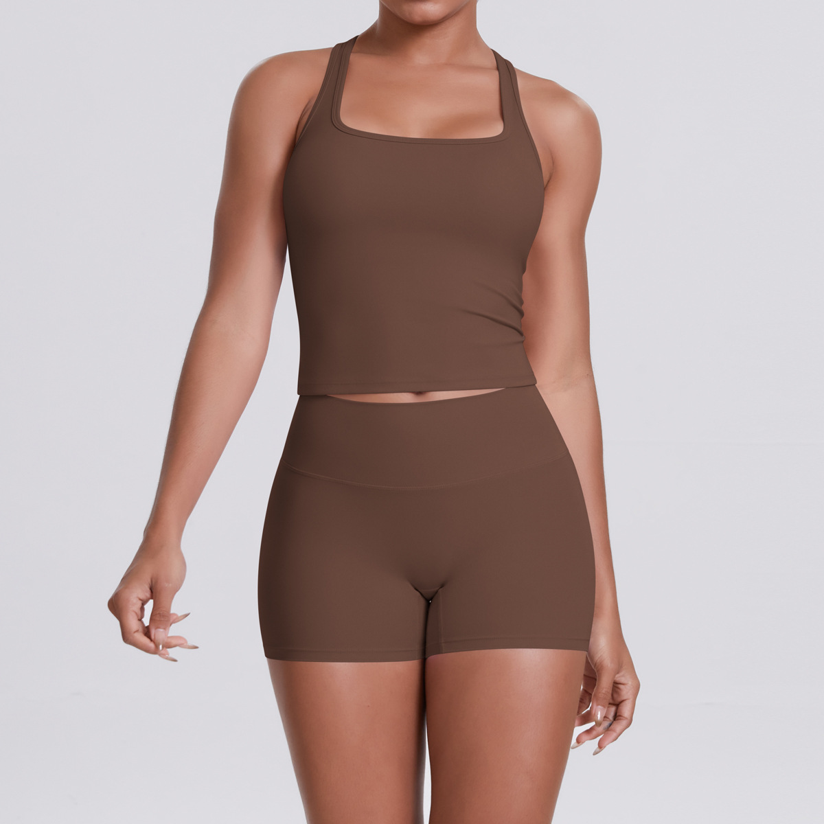 Naked Soft Fitness Set, Sleeveless Racerback Top 10 Colors, Hip Lifting Matching Shorts 10 Colors, YFYS7122+YFYS7101
